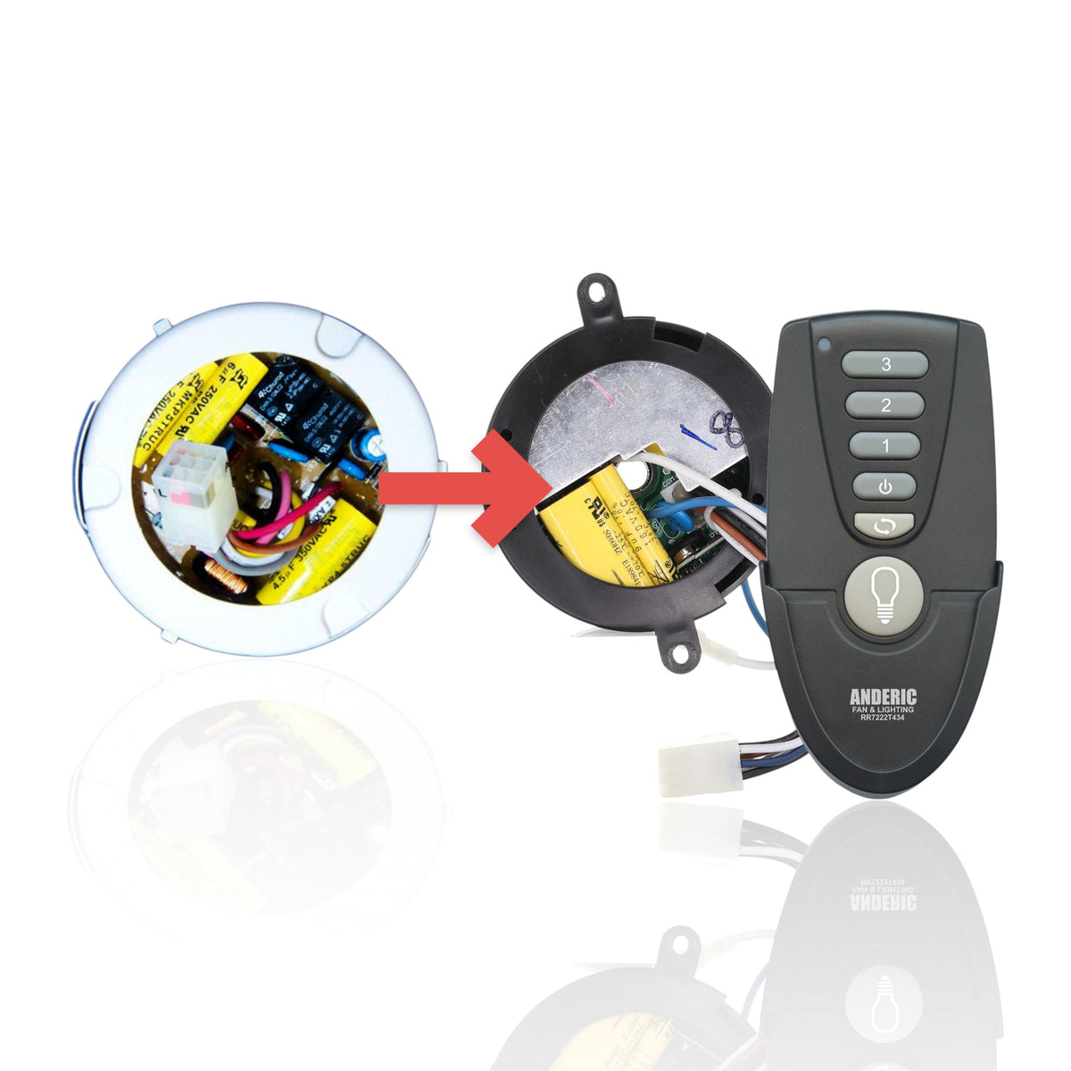 Anderic replacement ceiling fan receiver and remote control kit for Hunter fan systems with wiring components.