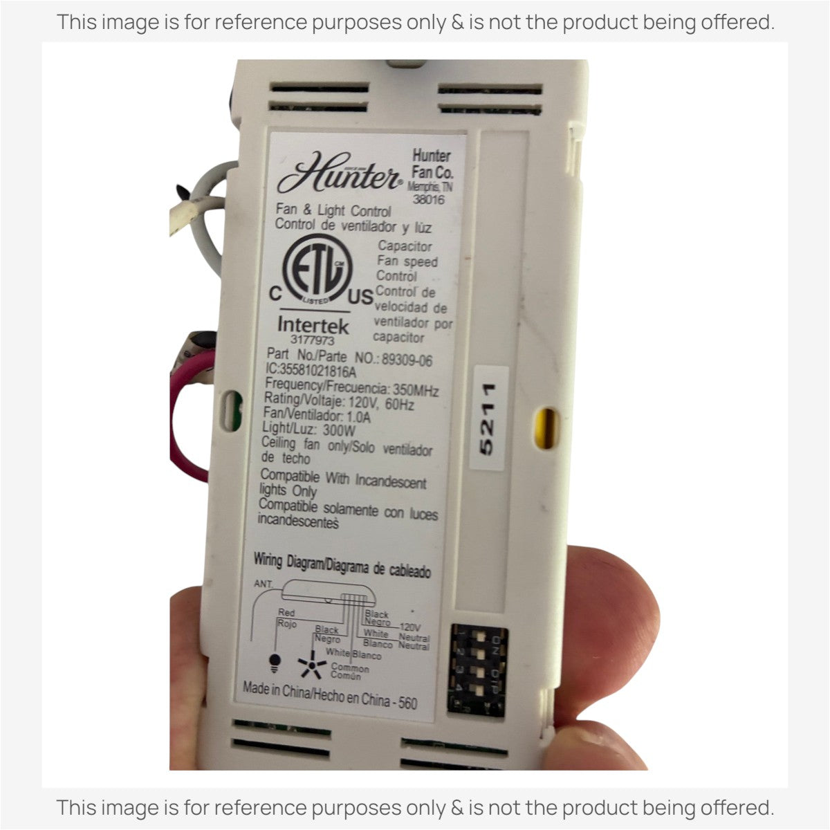 Anderic ceiling fan receiver unit showing Hunter technical specifications, wiring diagram, and dip switch settings.