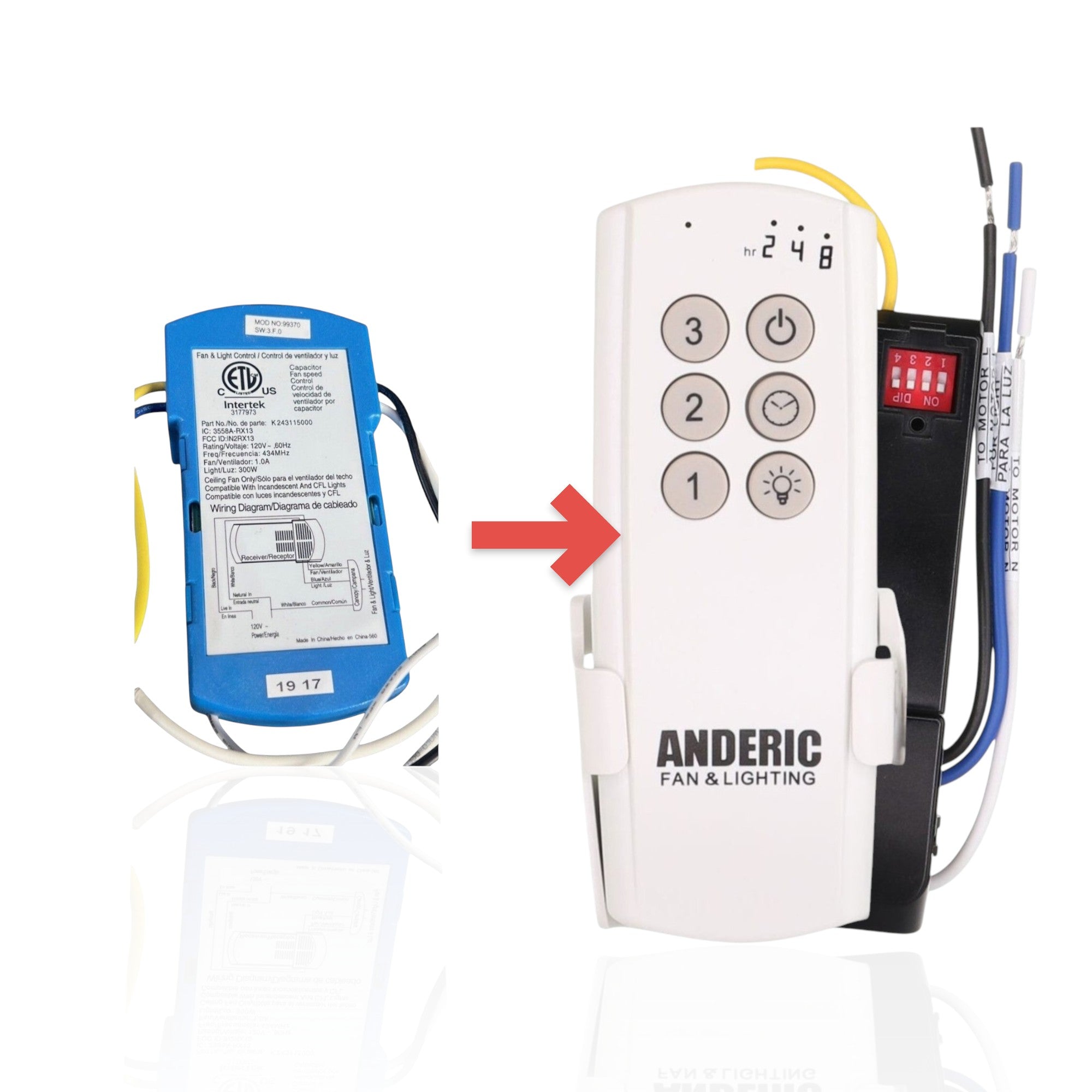 Anderic ceiling fan receiver module K243115000 for Hunter 99370, featuring blue casing and wiring diagram labels.