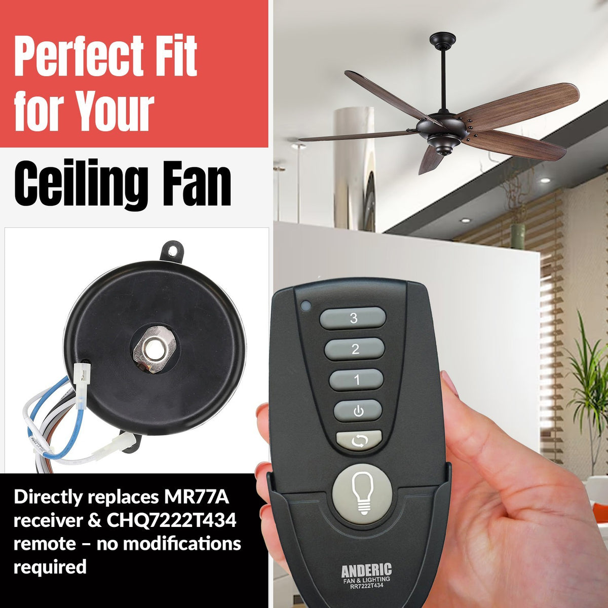 Anderic replacement remote control for Hunter ceiling fans with fan speed and light dimming buttons held in hand