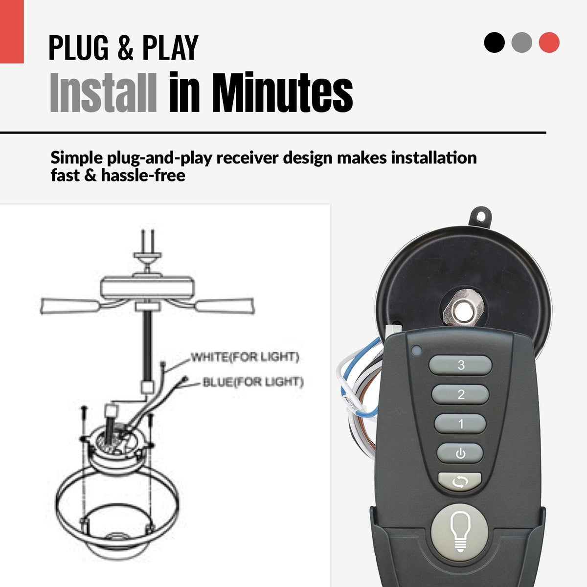 Anderic replacement remote control and receiver kit for Hunter ceiling fans with wiring diagram and speed buttons