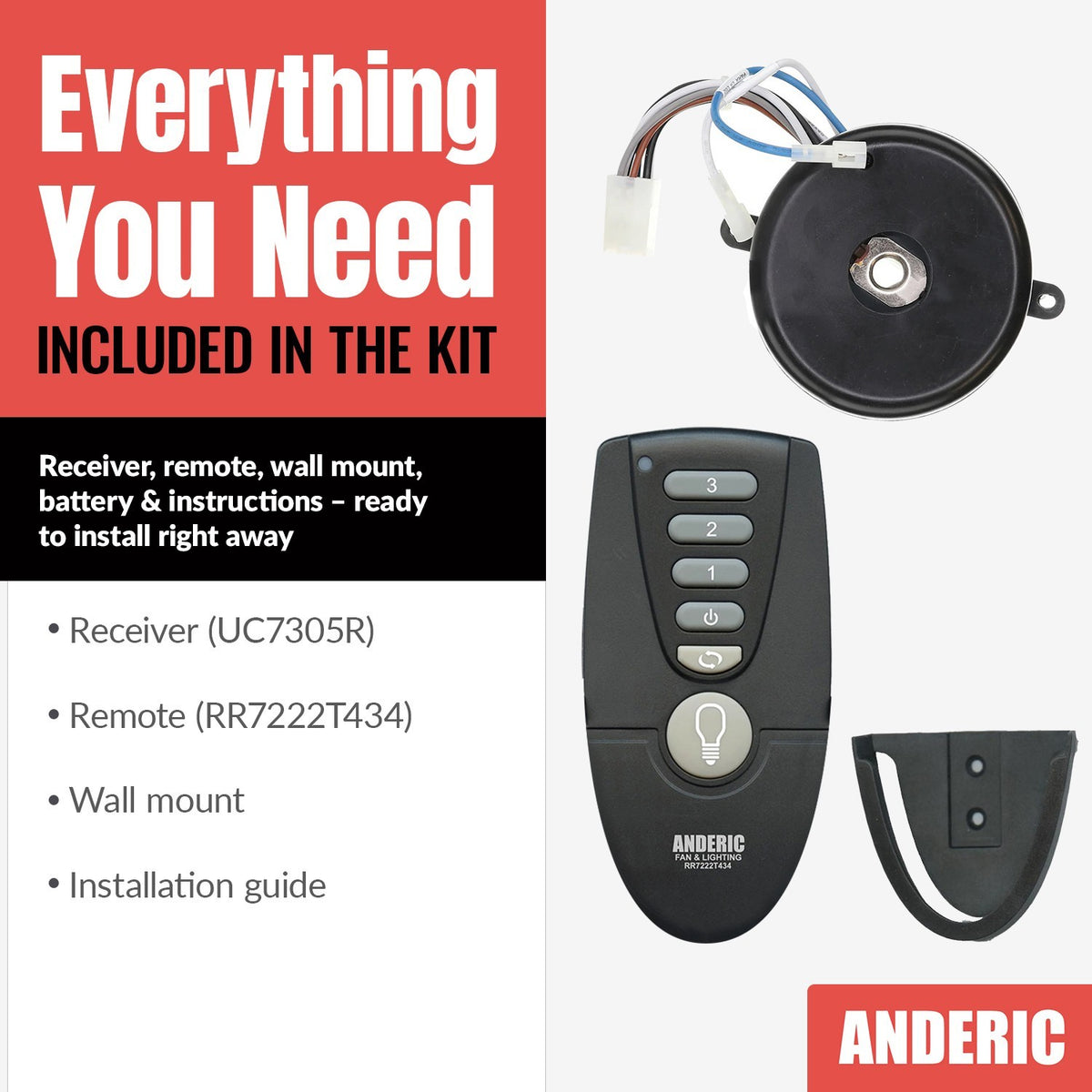 Anderic replacement remote control kit for Hunter ceiling fans including receiver, wall mount, and battery