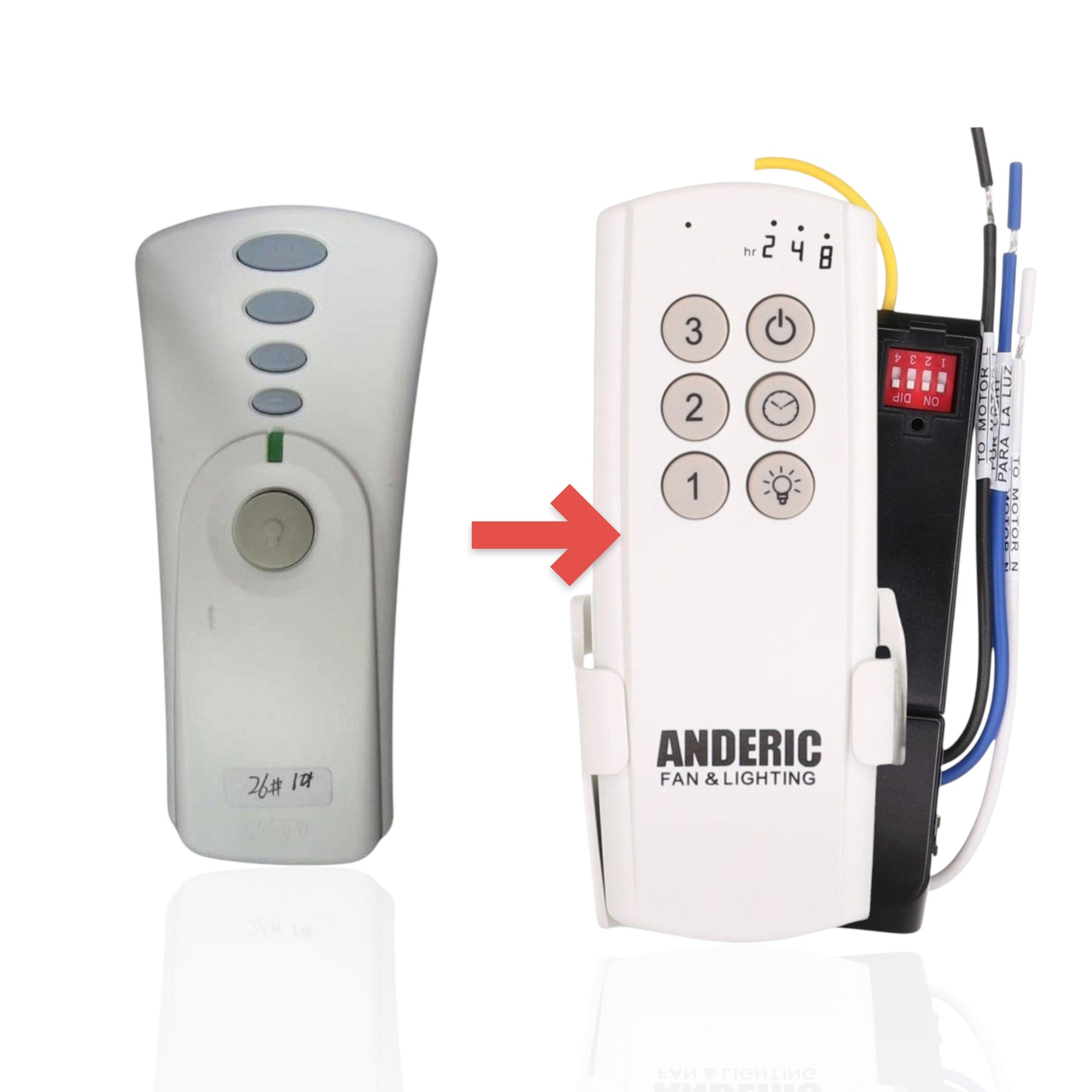 Anderic white ceiling fan remote control for Hunter fans with four buttons and a central light control button.