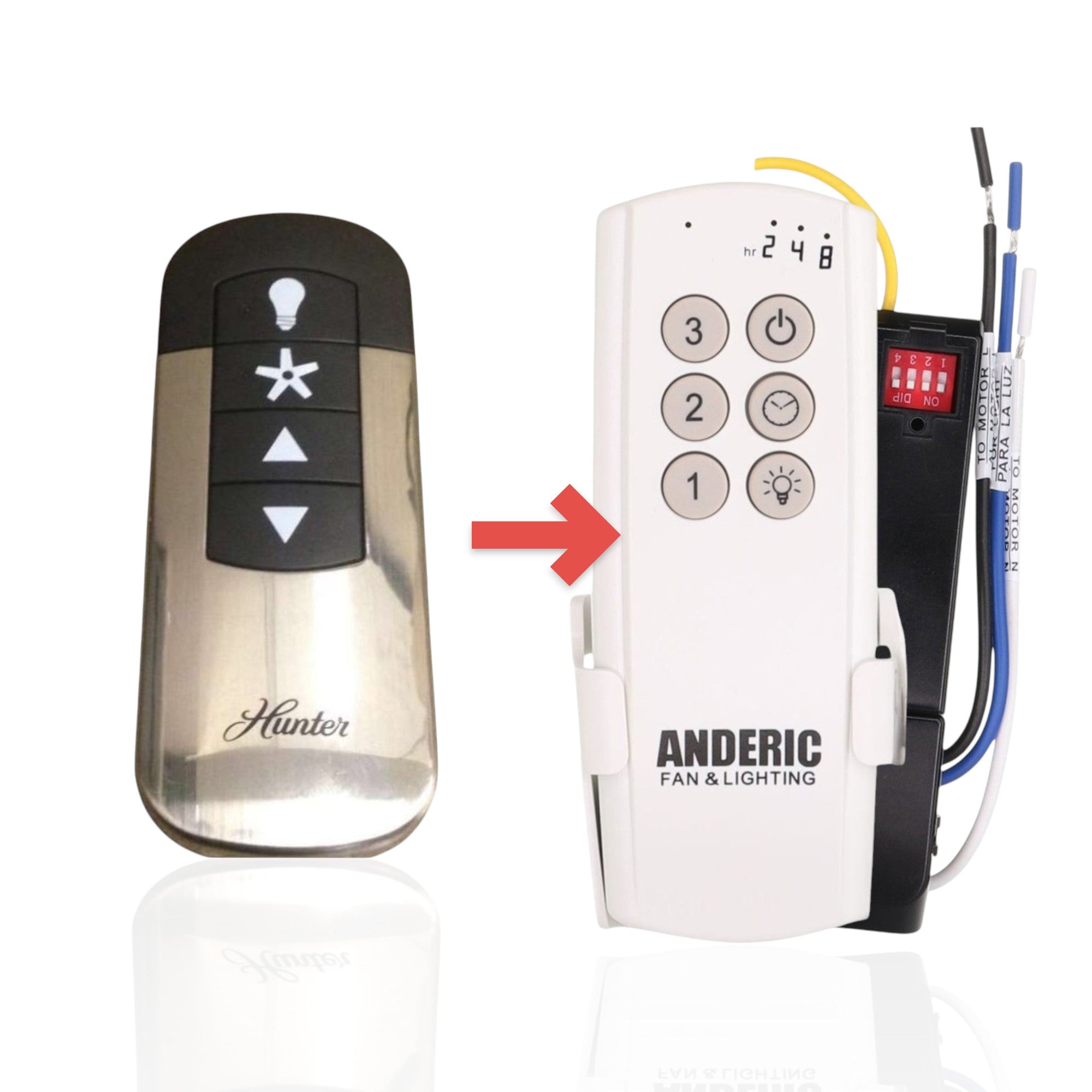 Anderic substitute remote control for Hunter ceiling fans with a metallic finish and simple button interface.