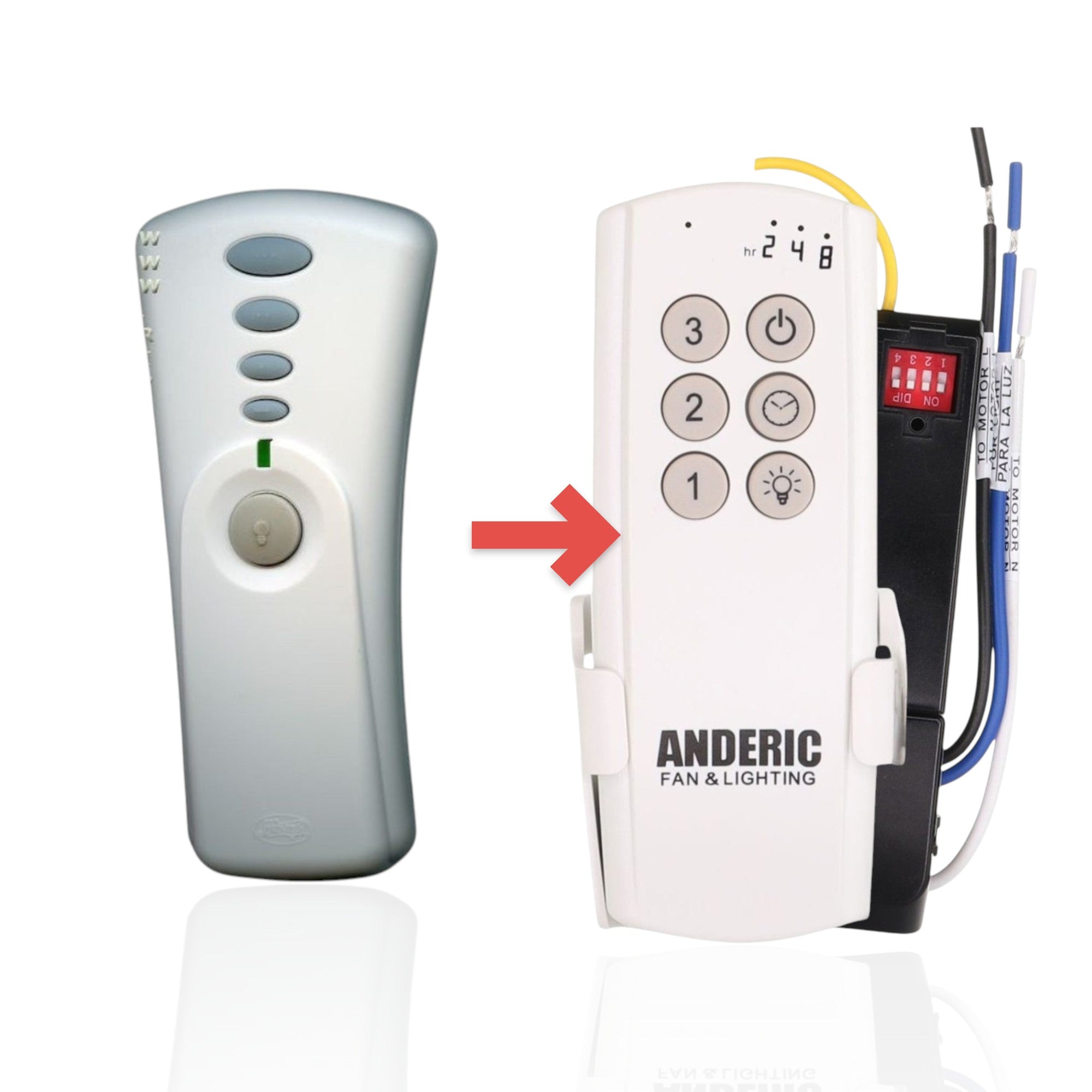 Anderic white ceiling fan remote control for Hunter 350 MHz receivers with fan speed and light dimming buttons.