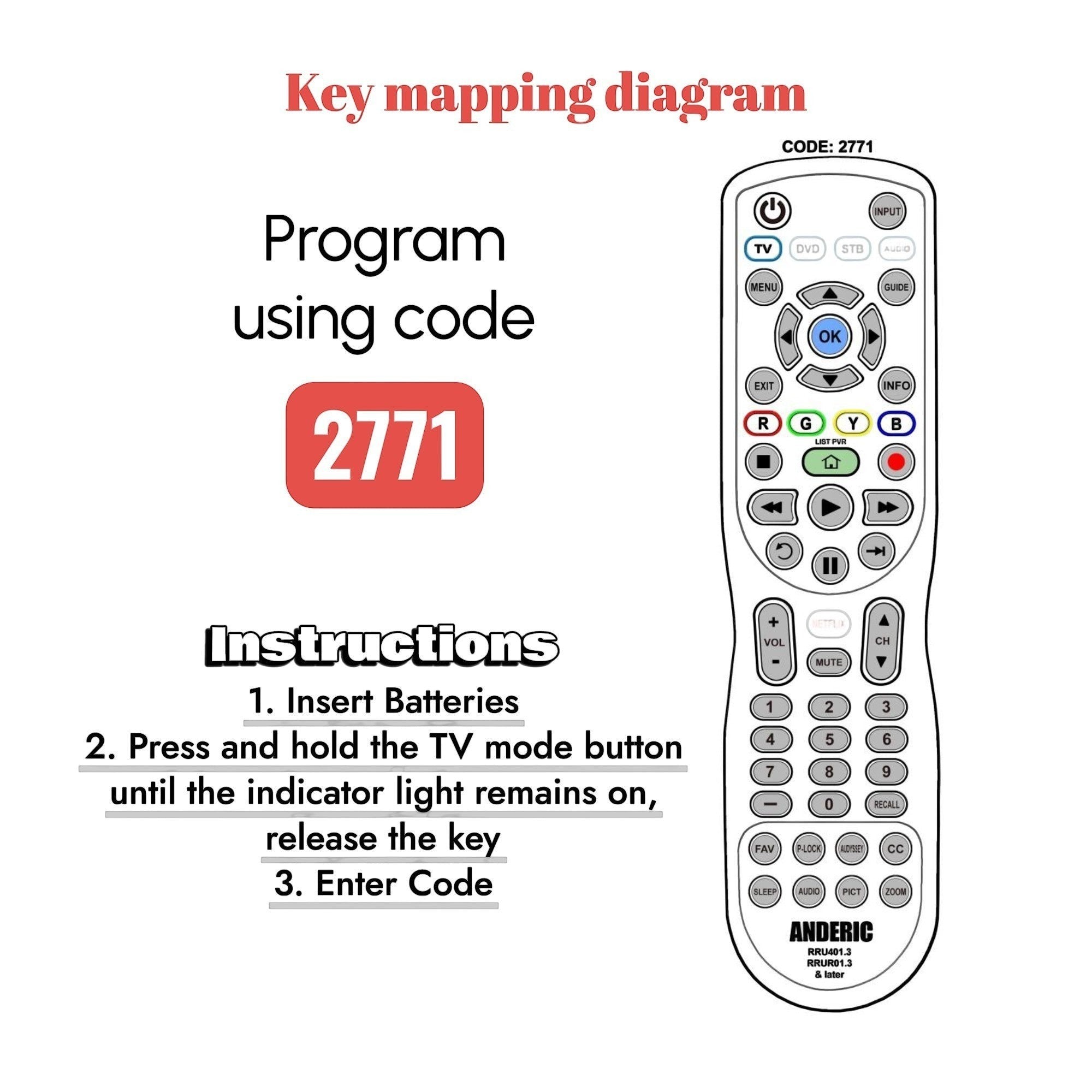 Anderic universal TV remote control diagram showing programming instructions and code 2771 for Insignia devices.