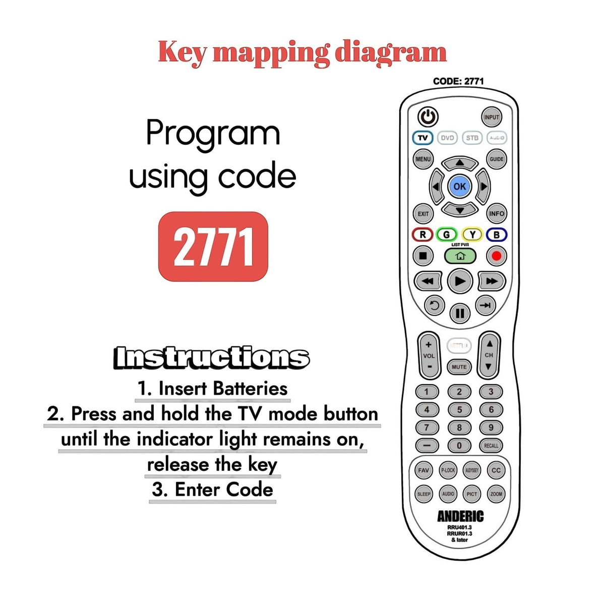 Anderic universal TV remote control diagram showing button layout, programming instructions, and code 2771 for Insignia.