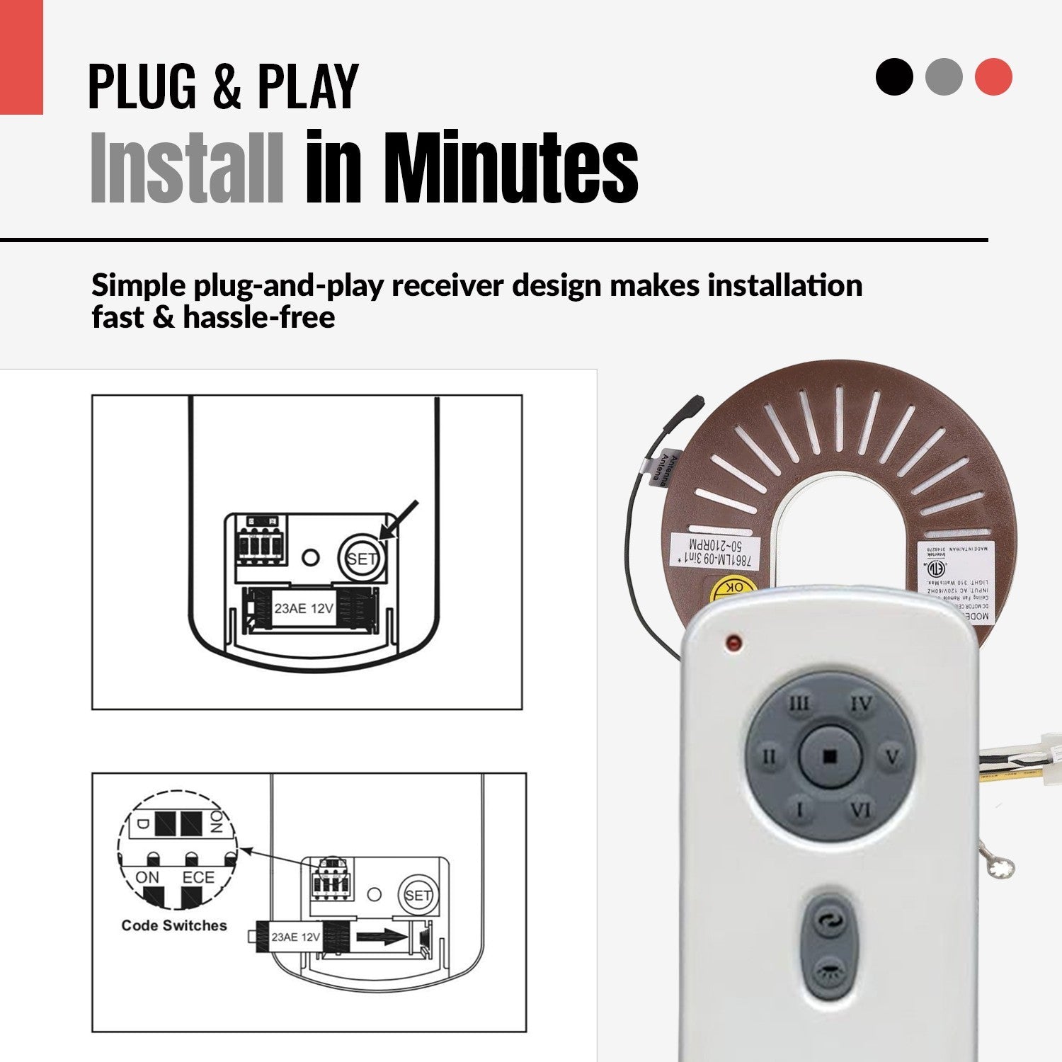 Anderic ceiling fan receiver and remote control kit with installation diagrams for Kichler fan compatibility.