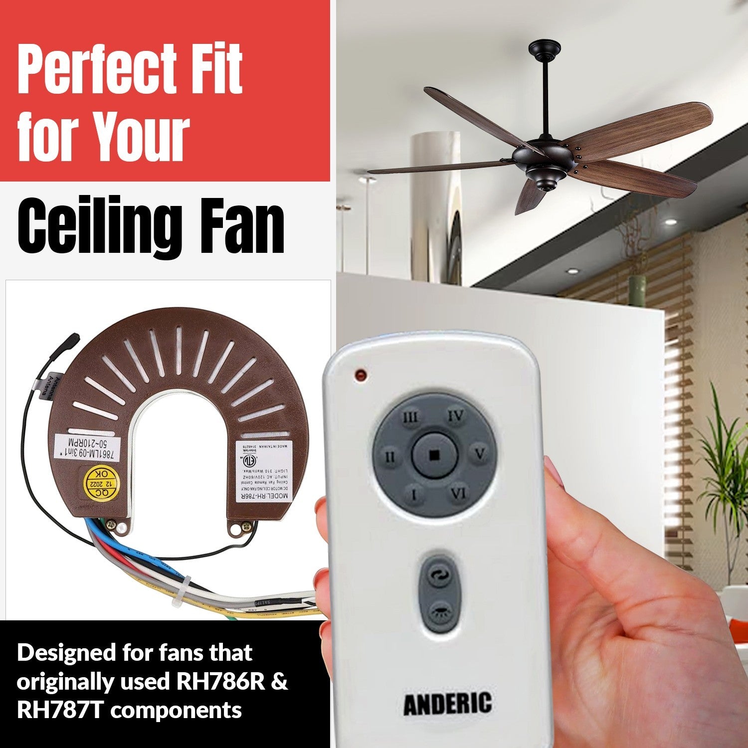 Anderic ceiling fan receiver and remote control kit for Kichler RH-786R systems, showing white remote and unit.