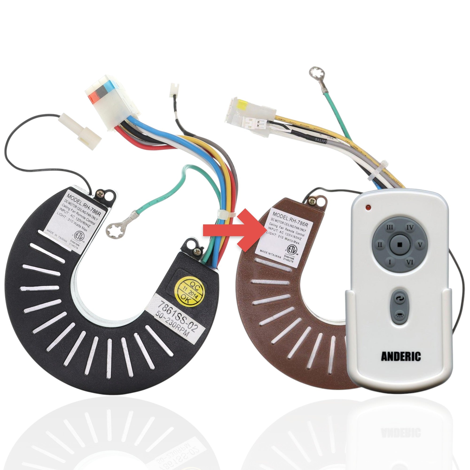 Anderic ceiling fan receiver replacement for Kichler RH786R with black curved housing and multi-colored wiring harness.