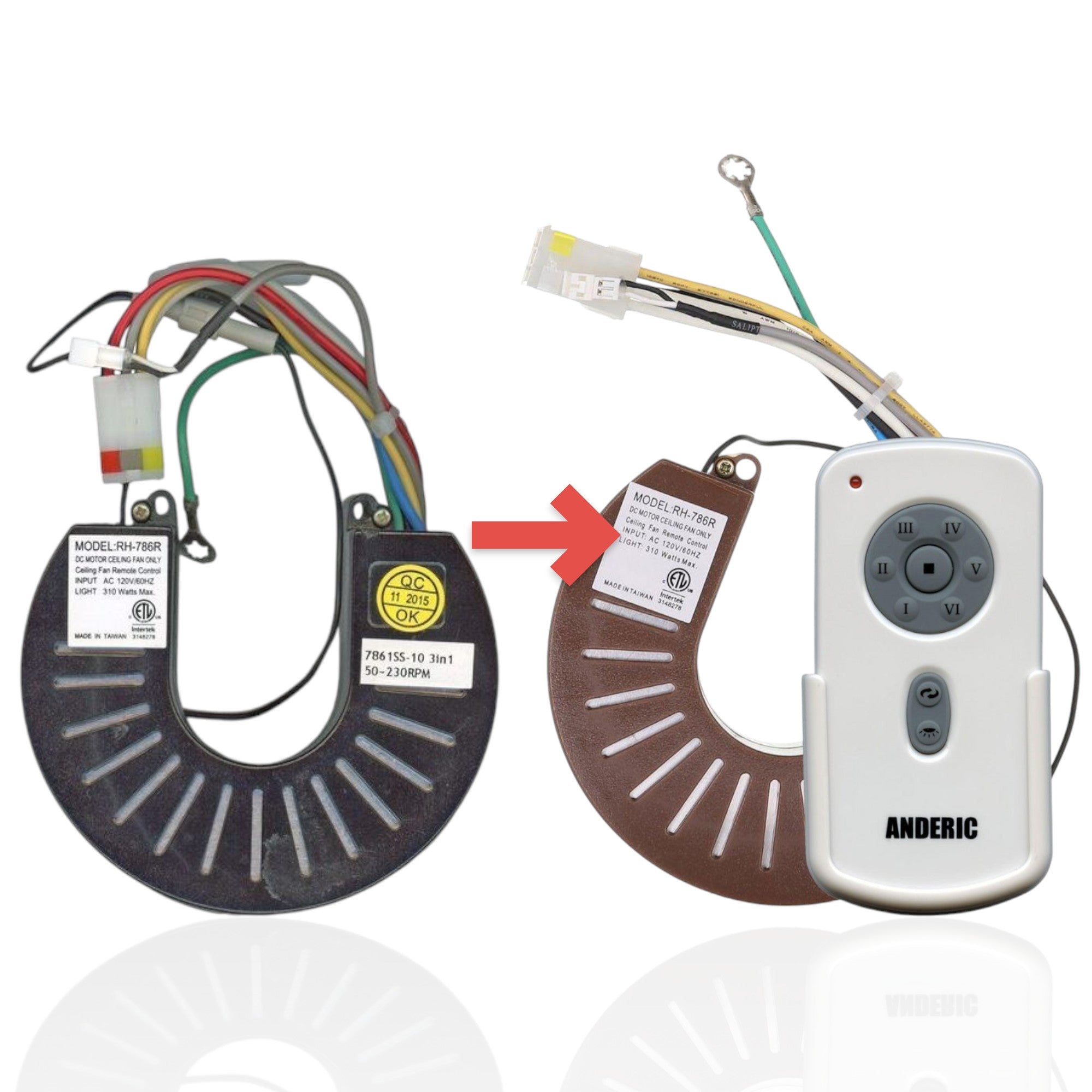 Anderic substitute ceiling fan receiver model RH786R for Kichler DC motor fans with wiring harness and labels.