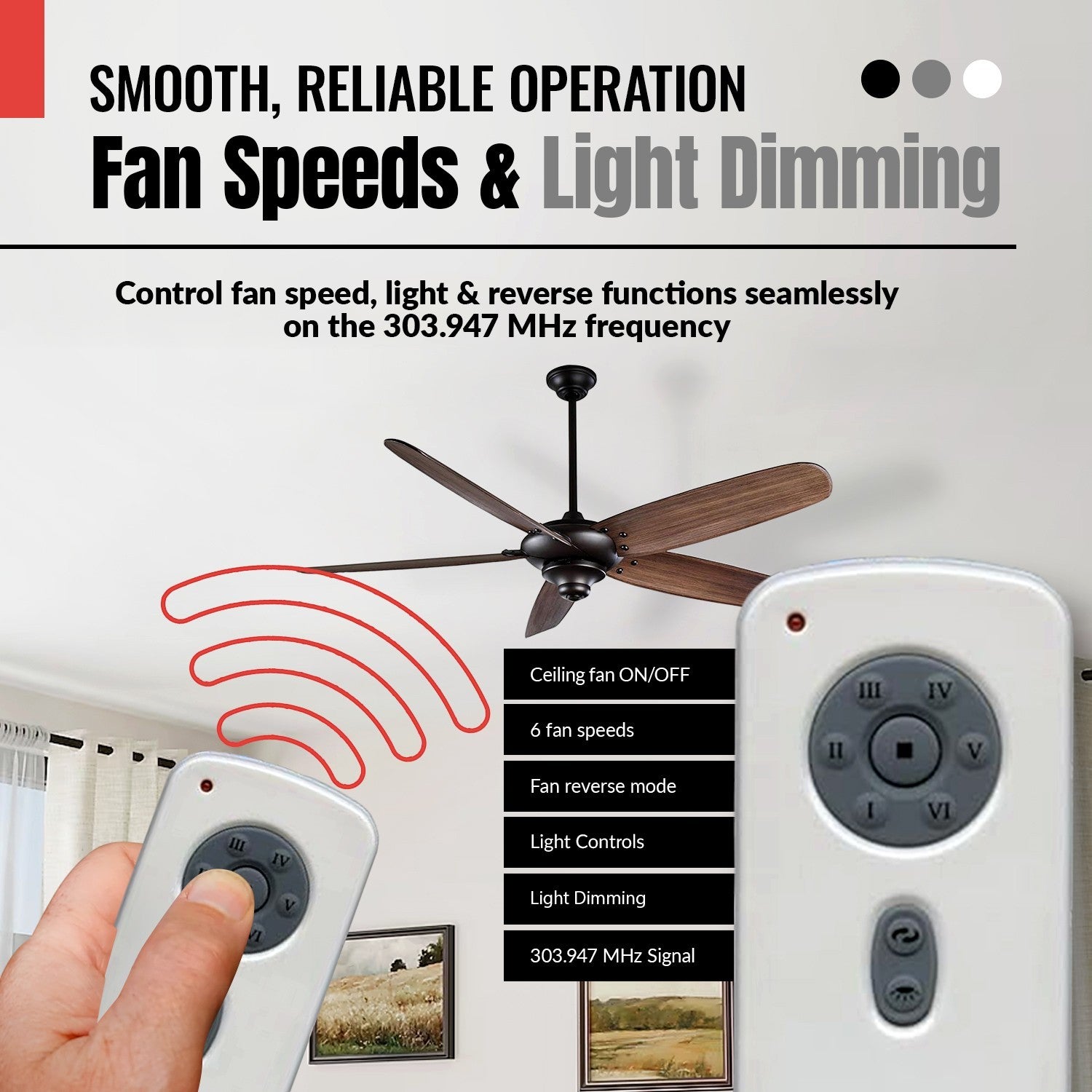 Anderic ceiling fan remote control and receiver kit for Kichler fans with 6 speeds and light dimming functionality.