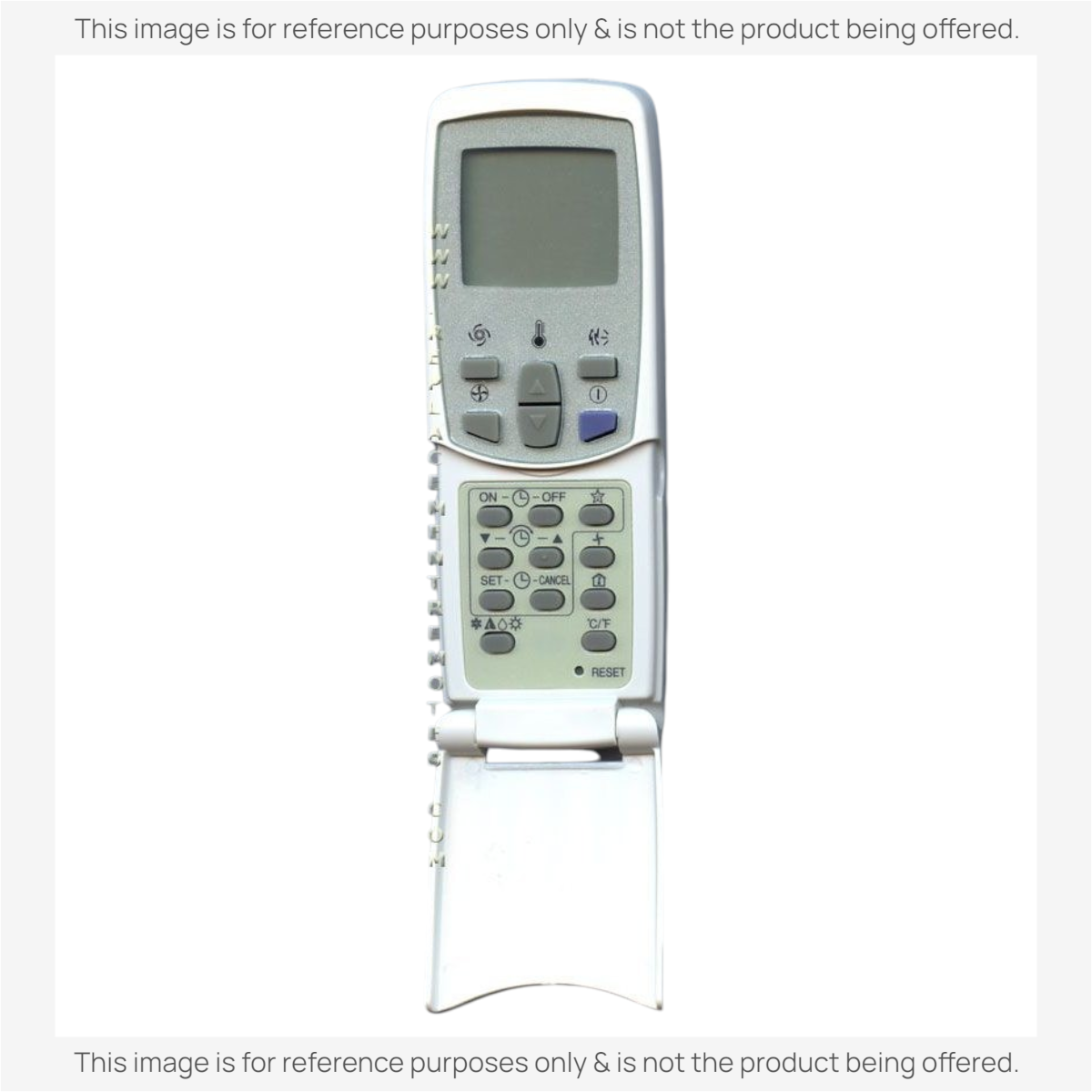 Anderic KTN828 white universal air conditioner remote with LCD display, control buttons, and a flip-down cover.