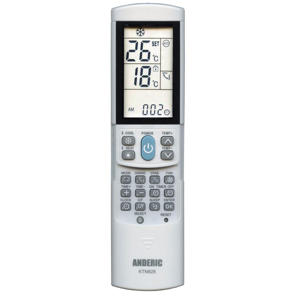 Anderic KTN828 white universal air conditioner remote with backlit LCD display showing temperature and clock settings.
