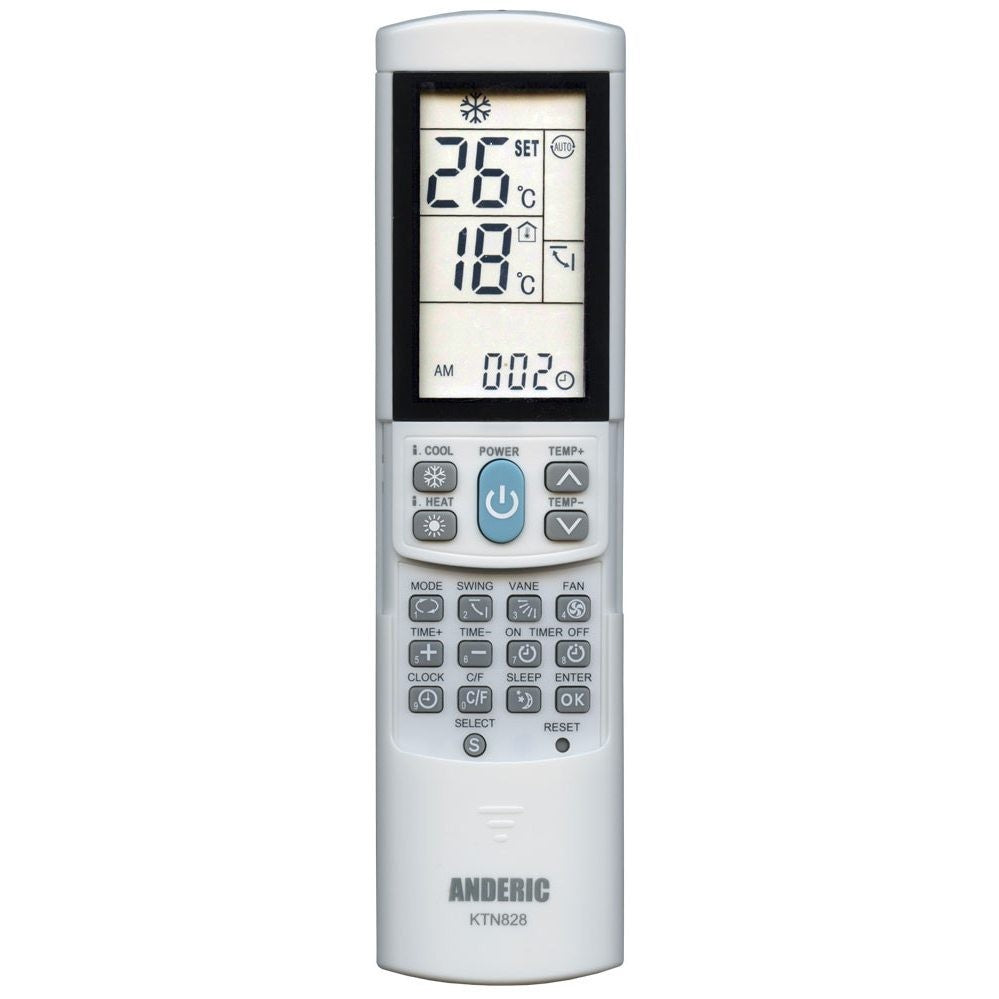 Anderic KTN828 white universal remote control for GE air conditioners with backlit LCD screen and function buttons.