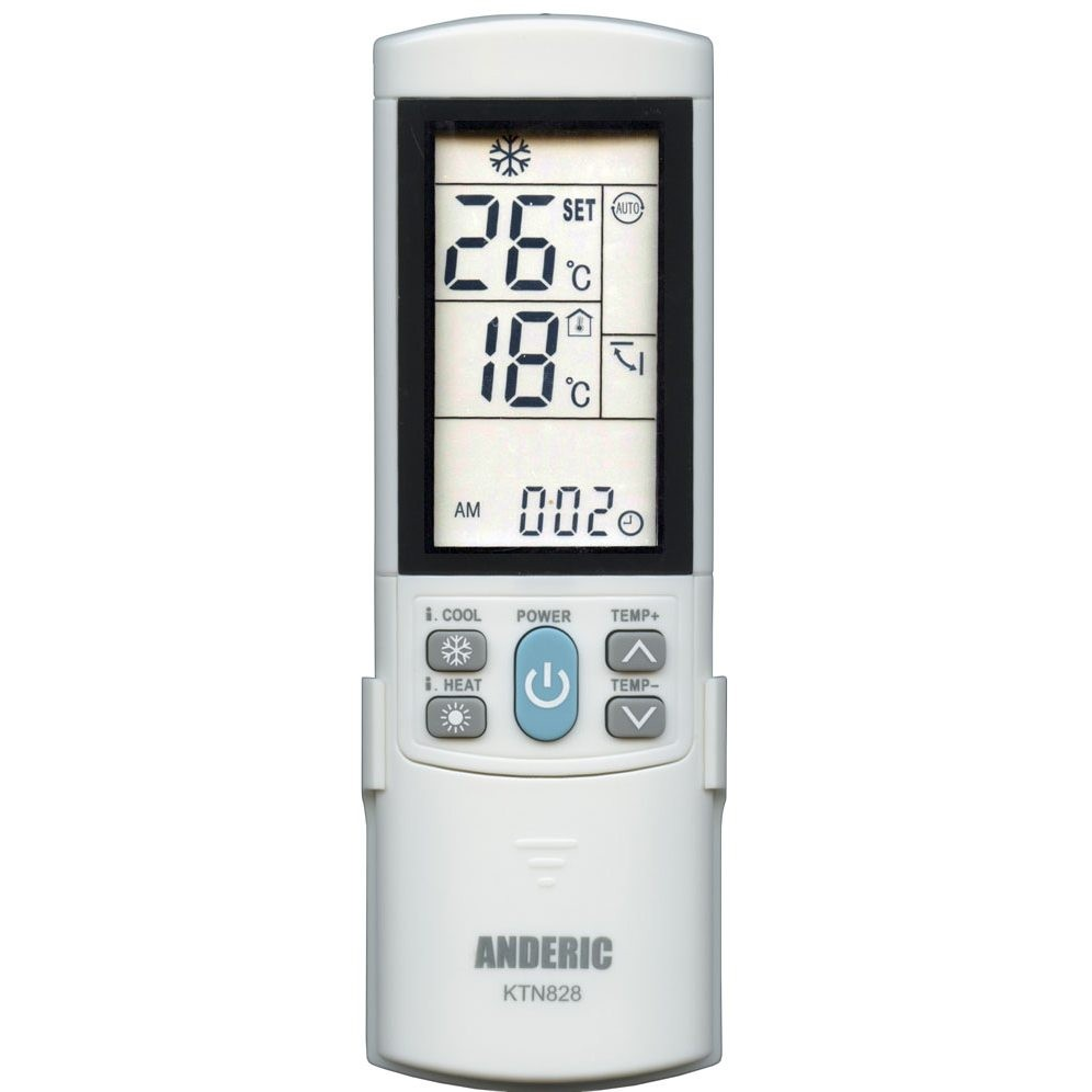 Anderic KTN828 universal air conditioner remote control with a backlit LCD screen showing temperature and settings.