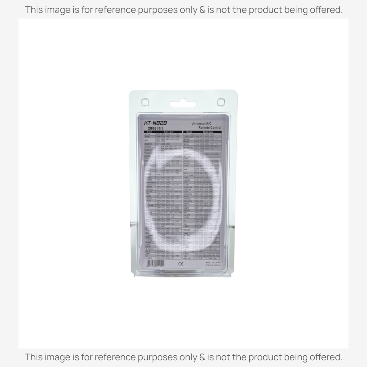 Anderic KTN828 universal air conditioner remote control packaging showing a comprehensive brand compatibility list.
