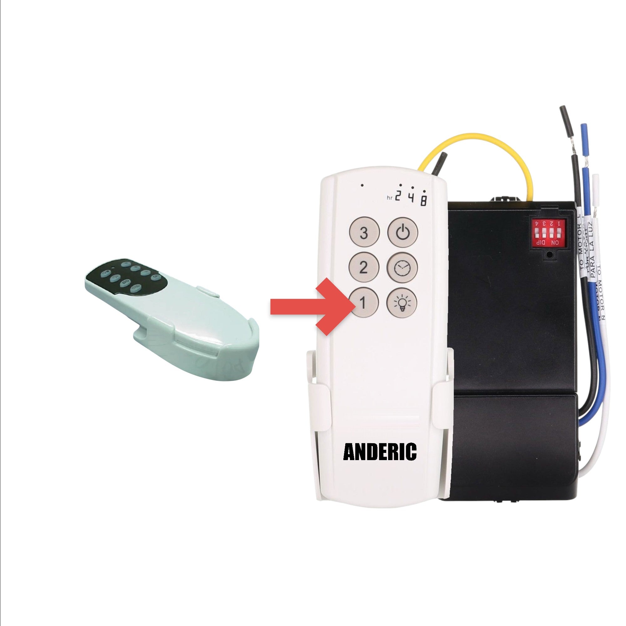 Anderic replacement ceiling fan remote control for KUJ9303 with speed and light dimming buttons in white and black.