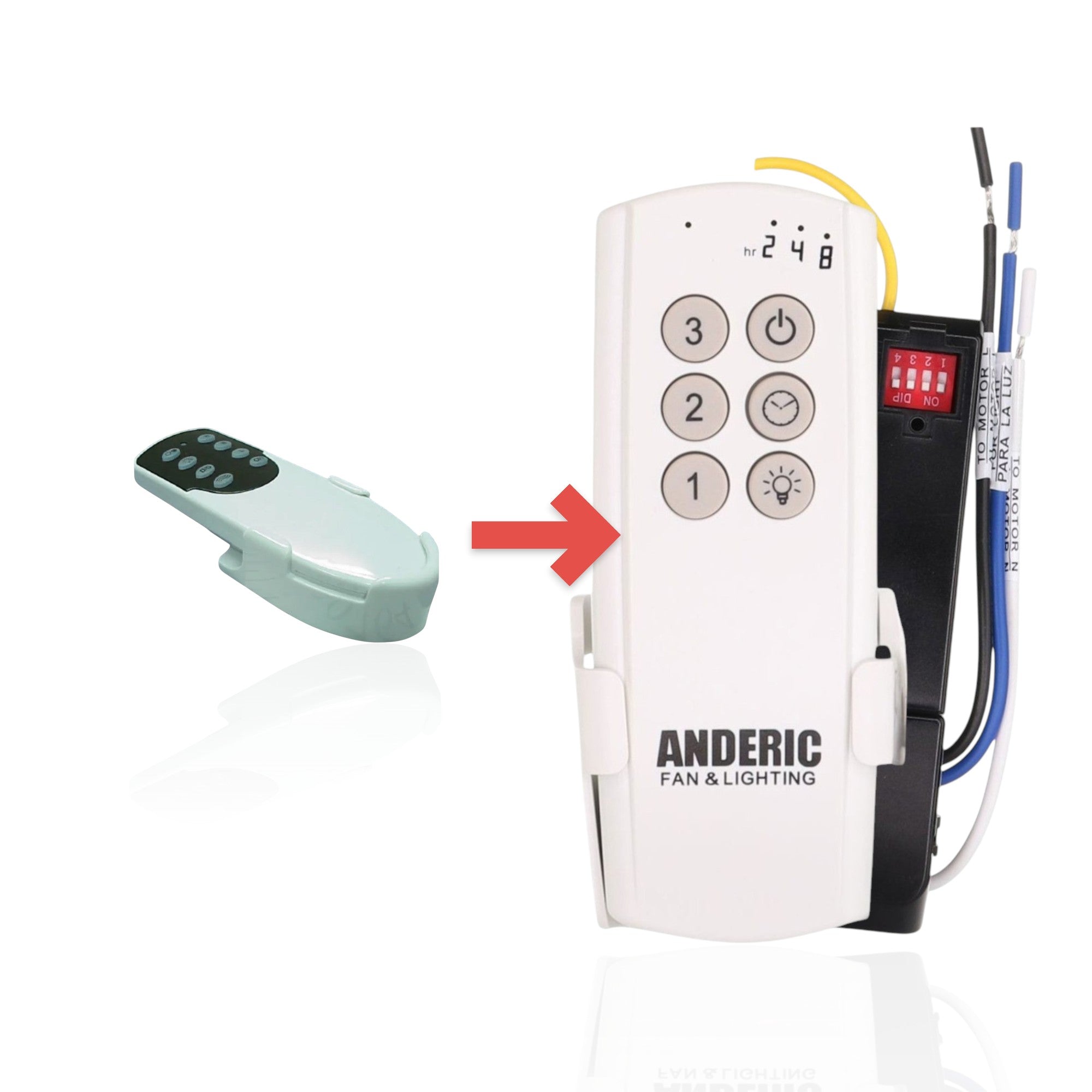 Anderic white ceiling fan remote control replacement for KUJ9303 with black button panel and light dimming features.
