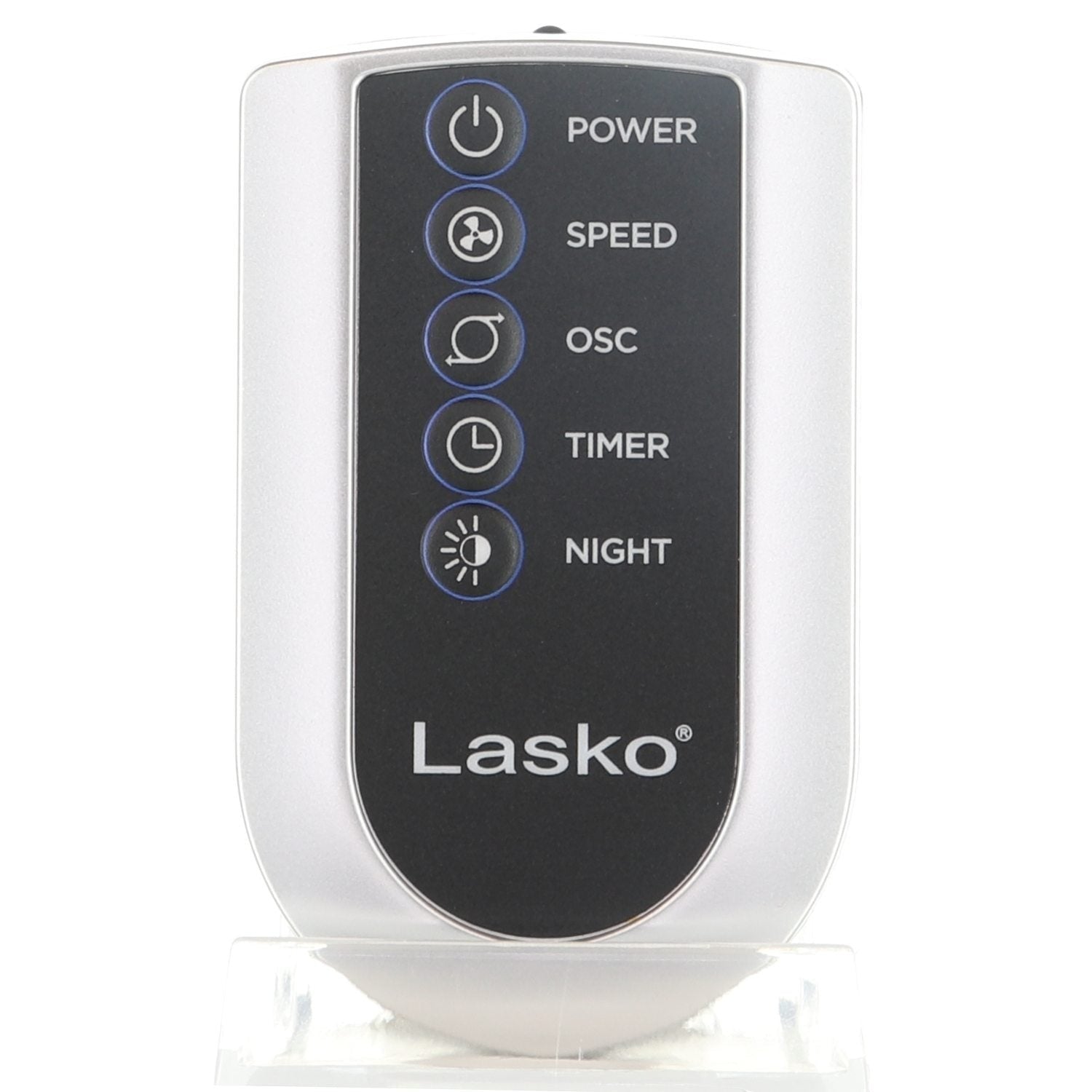 Anderic RRFAN100A infrared remote control for Lasko tower fans featuring power, speed, oscillation, and timer buttons.