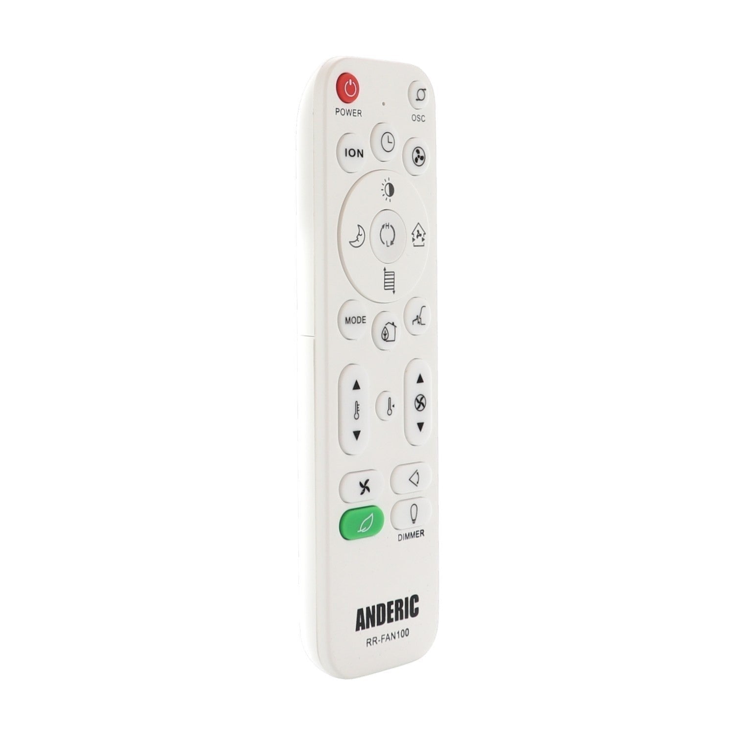 Anderic replacement infrared remote control for Lasko upright tower fans in white with clearly labeled function buttons