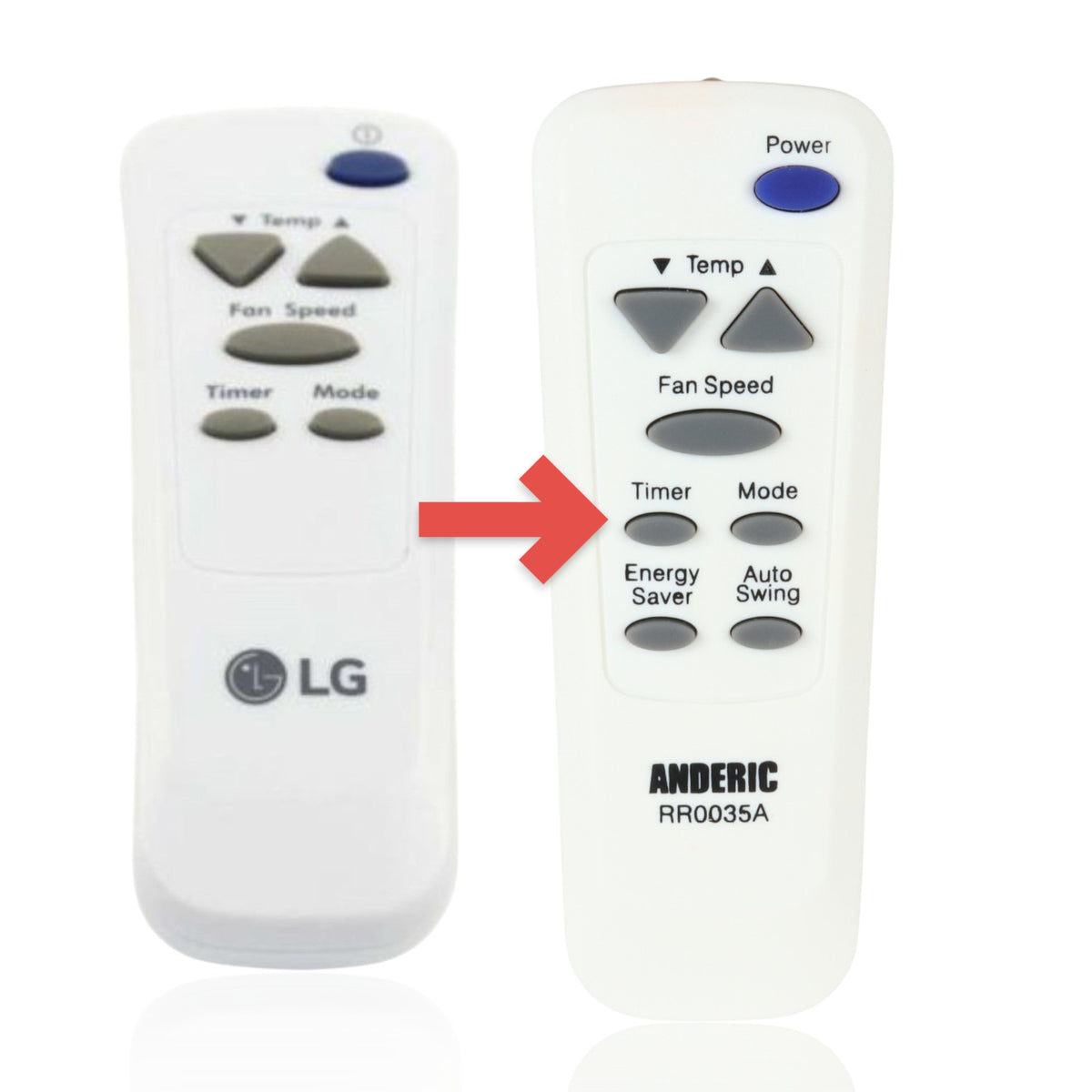 Anderic replacement remote control for LG air conditioners with white casing and grey function buttons.
