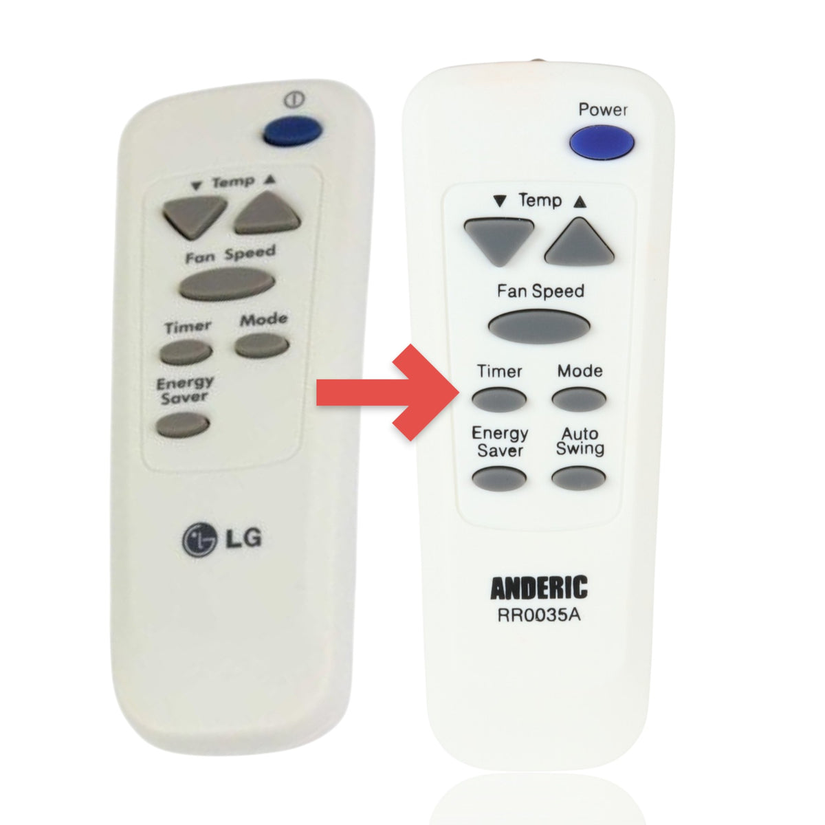 Anderic replacement remote control for LG air conditioners with white casing and grey function buttons.
