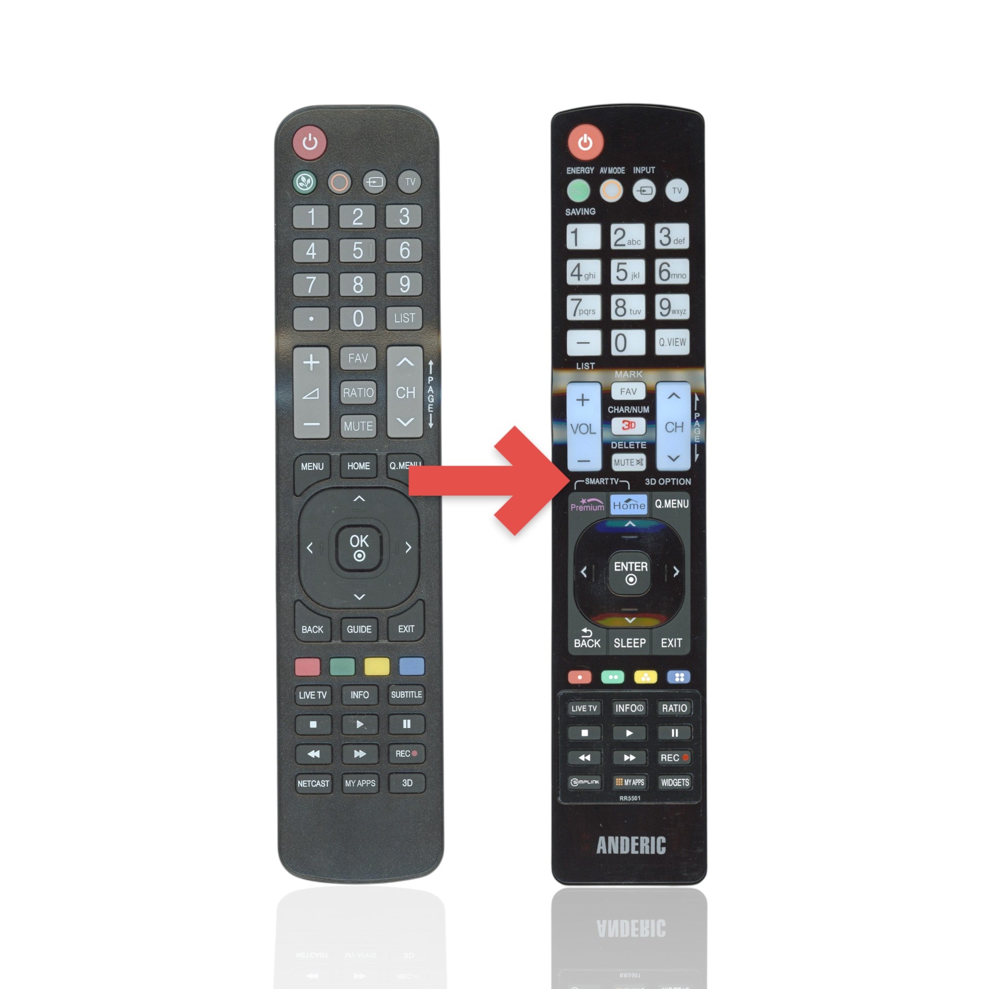 Anderic RR5501 black infrared remote control for LG TVs featuring dedicated buttons for My Apps, 3D, and Home.
