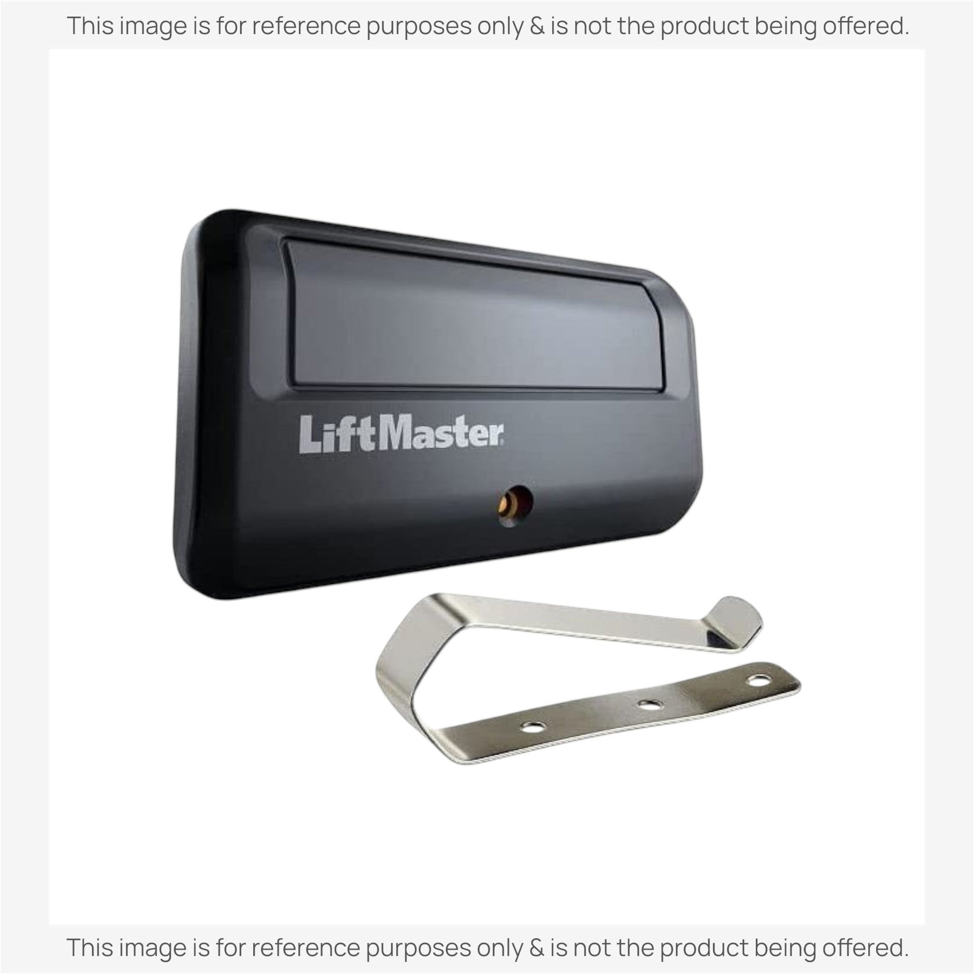 Anderic 1-button garage door opener remote for LiftMaster systems with a metal visor clip, black plastic finish.