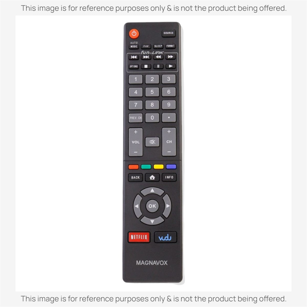 Anderic RR409UD replacement remote control for Magnavox smart TVs with dedicated Netflix and Vudu buttons.