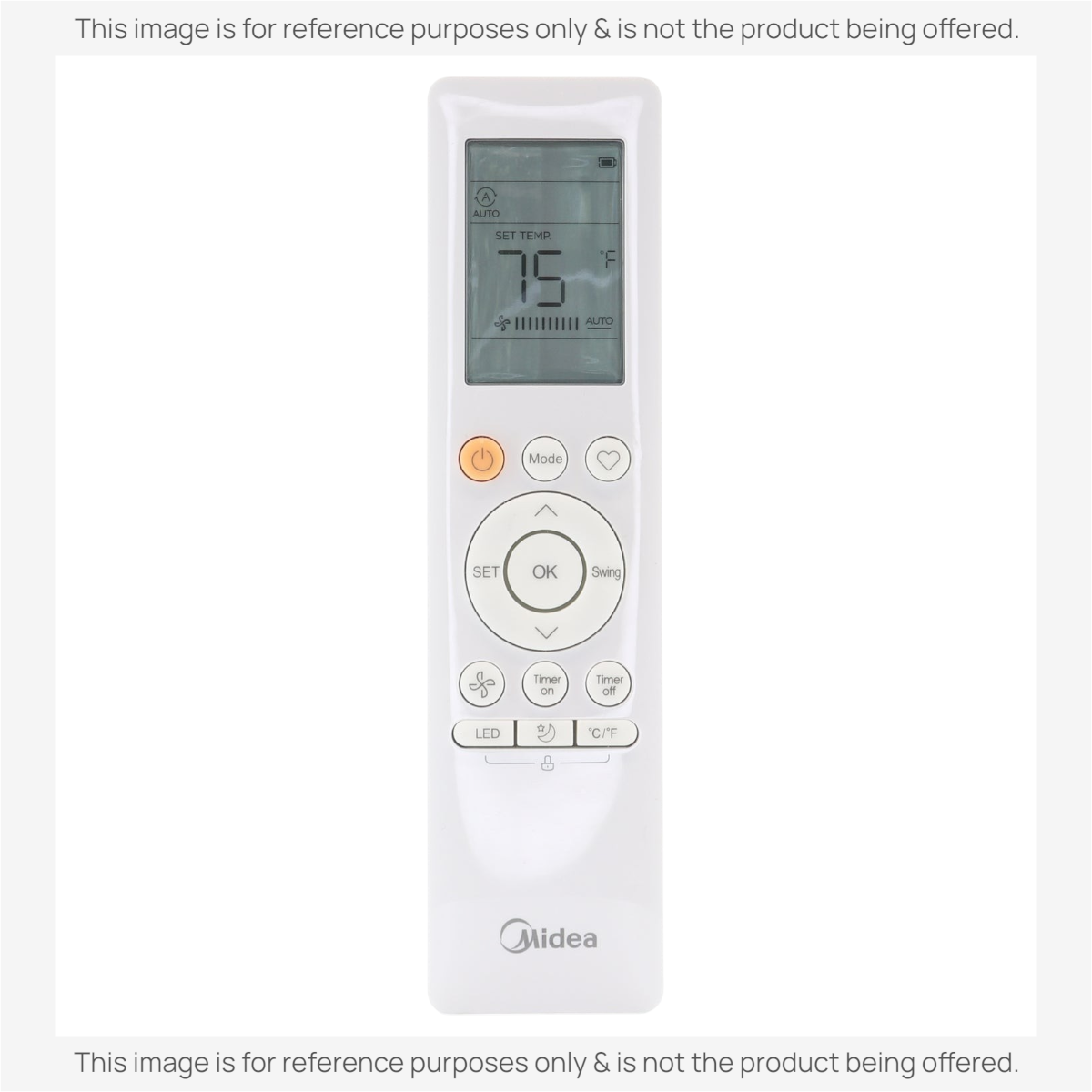 Anderic replacement remote control for Midea portable air conditioners with a backlit LCD screen and white finish.