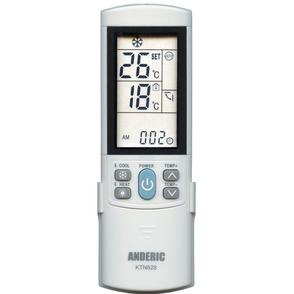 Anderic KTN828 universal mini split air conditioner remote with backlit LCD screen and temperature display.