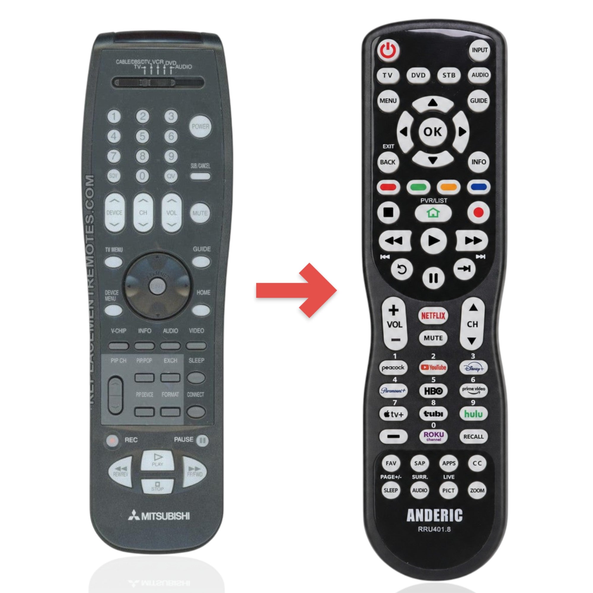 Anderic black Mitsubishi 290P123A10 TV remote control with numeric keypad, menu navigation, and device mode selector.