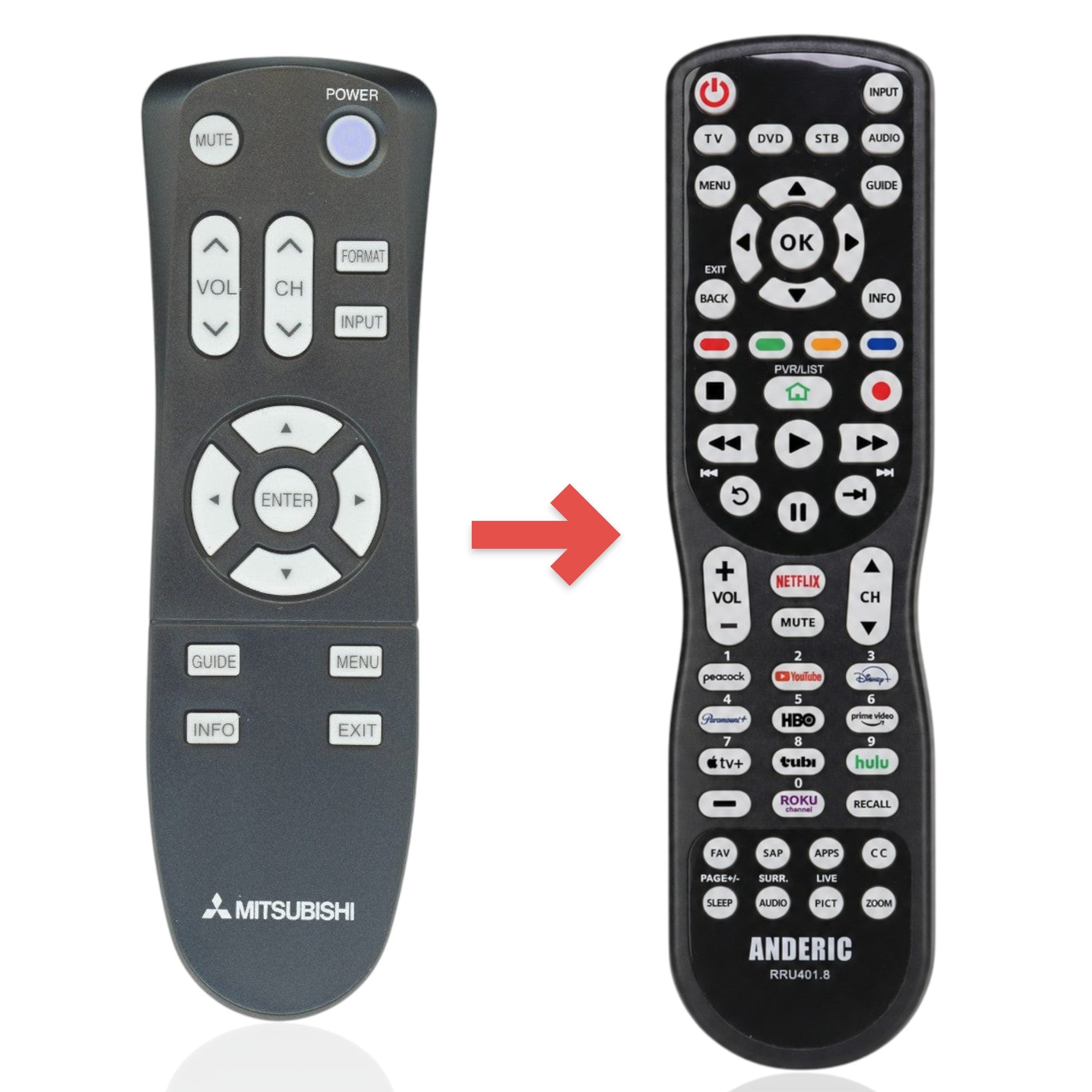 Anderic black Mitsubishi 290P137030 TV remote control with ergonomic buttons for volume, channel, and menu navigation.