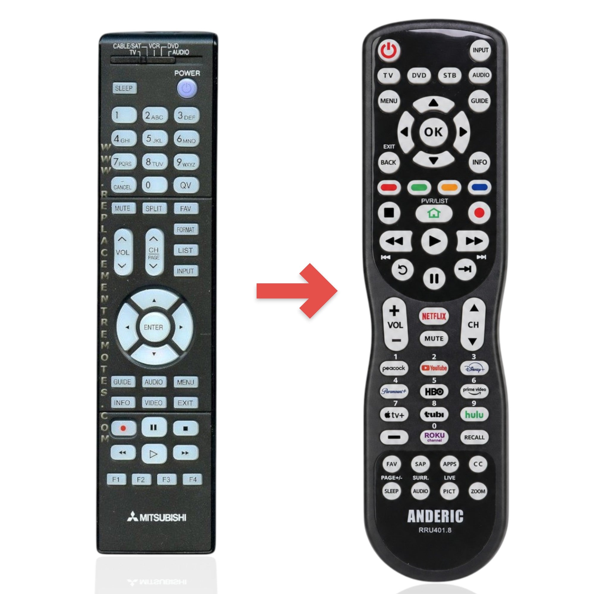 Anderic black Mitsubishi 290P137A40 TV remote control with numeric keypad, navigation buttons, and media controls.