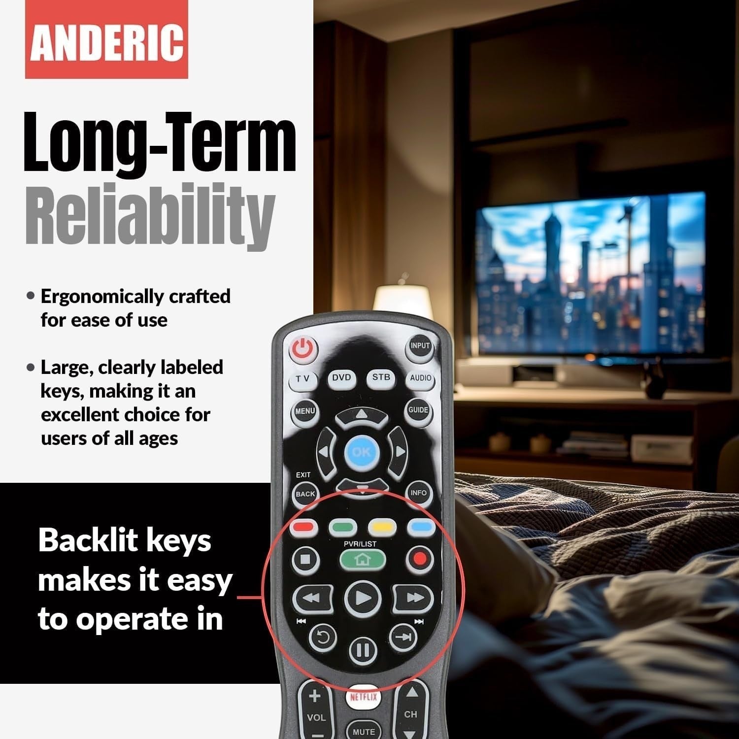 Anderic Mitsubishi 290P175010 replacement TV remote with backlit keys and ergonomic design for easy operation.