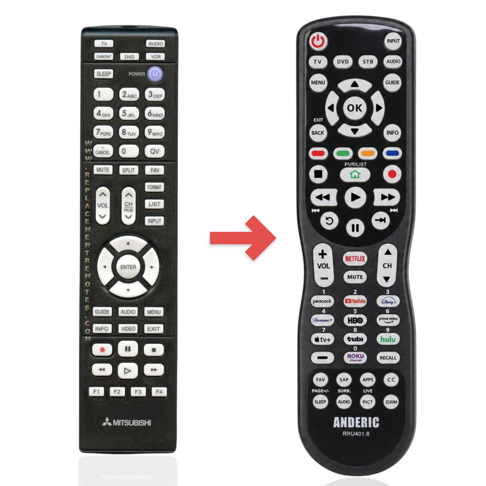 Anderic black Mitsubishi 290P187030 TV remote control with numeric keypad and dedicated media playback buttons.