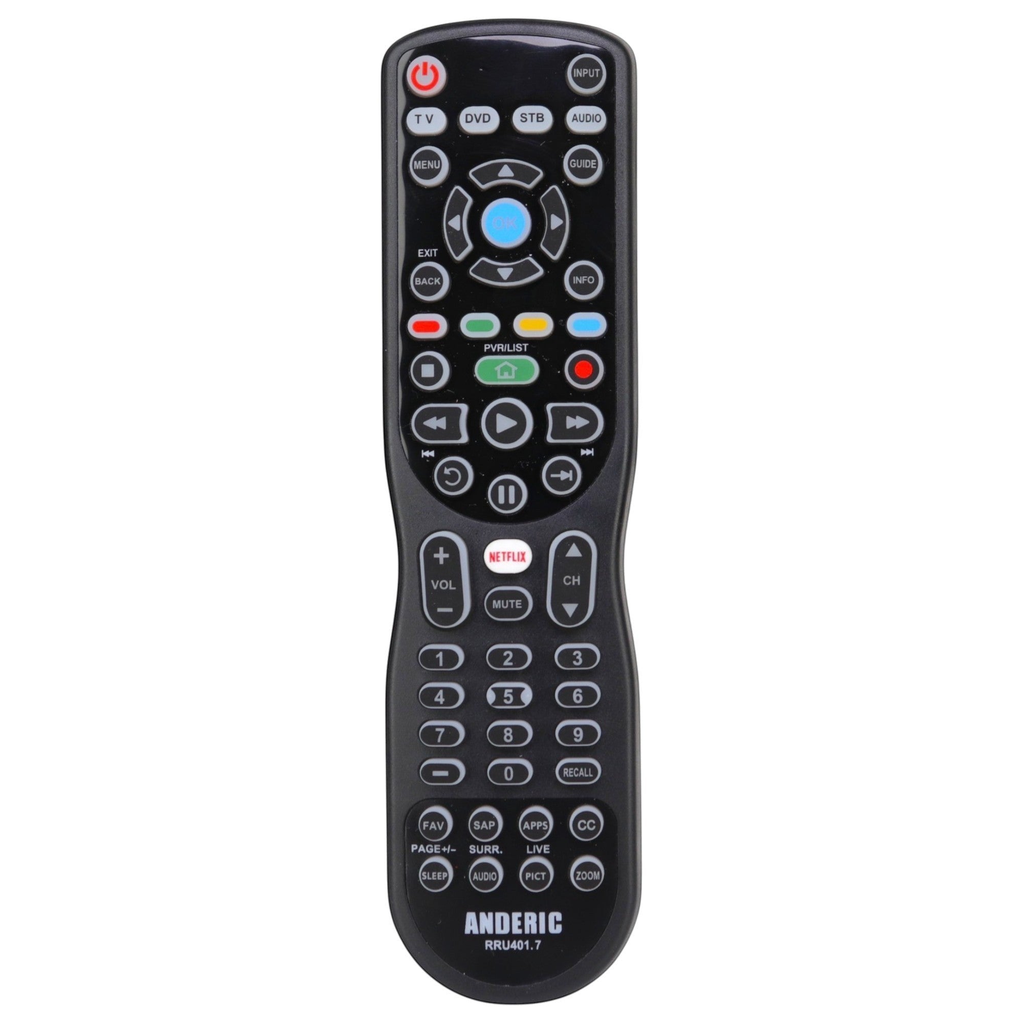 Anderic black replacement TV remote control for Mitsubishi models with dedicated Netflix and navigation buttons.