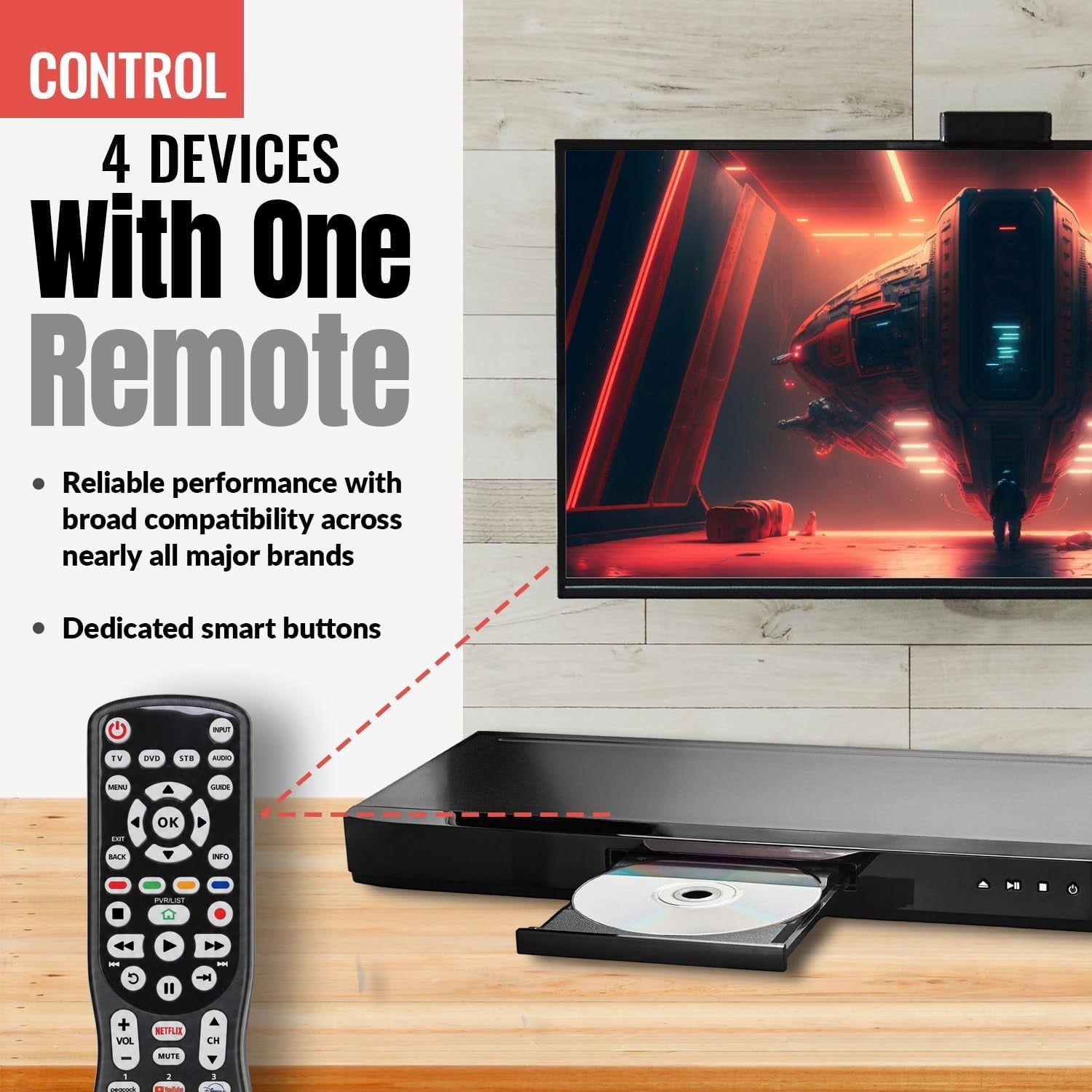 Anderic universal remote control for Mitsubishi TVs with backlit keypad and dedicated Netflix and app buttons.