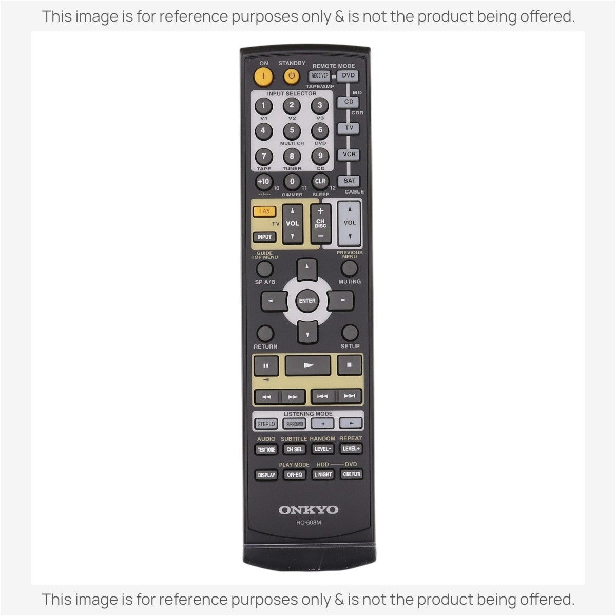 Anderic substitute remote control for Onkyo RC-608M receivers featuring a black finish and multi-function buttons.
