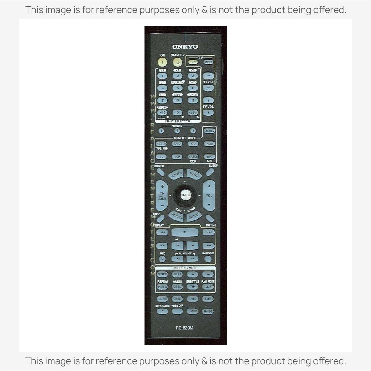 Anderic substitute remote control for Onkyo RC620M receiver featuring a black layout with multi-function buttons.