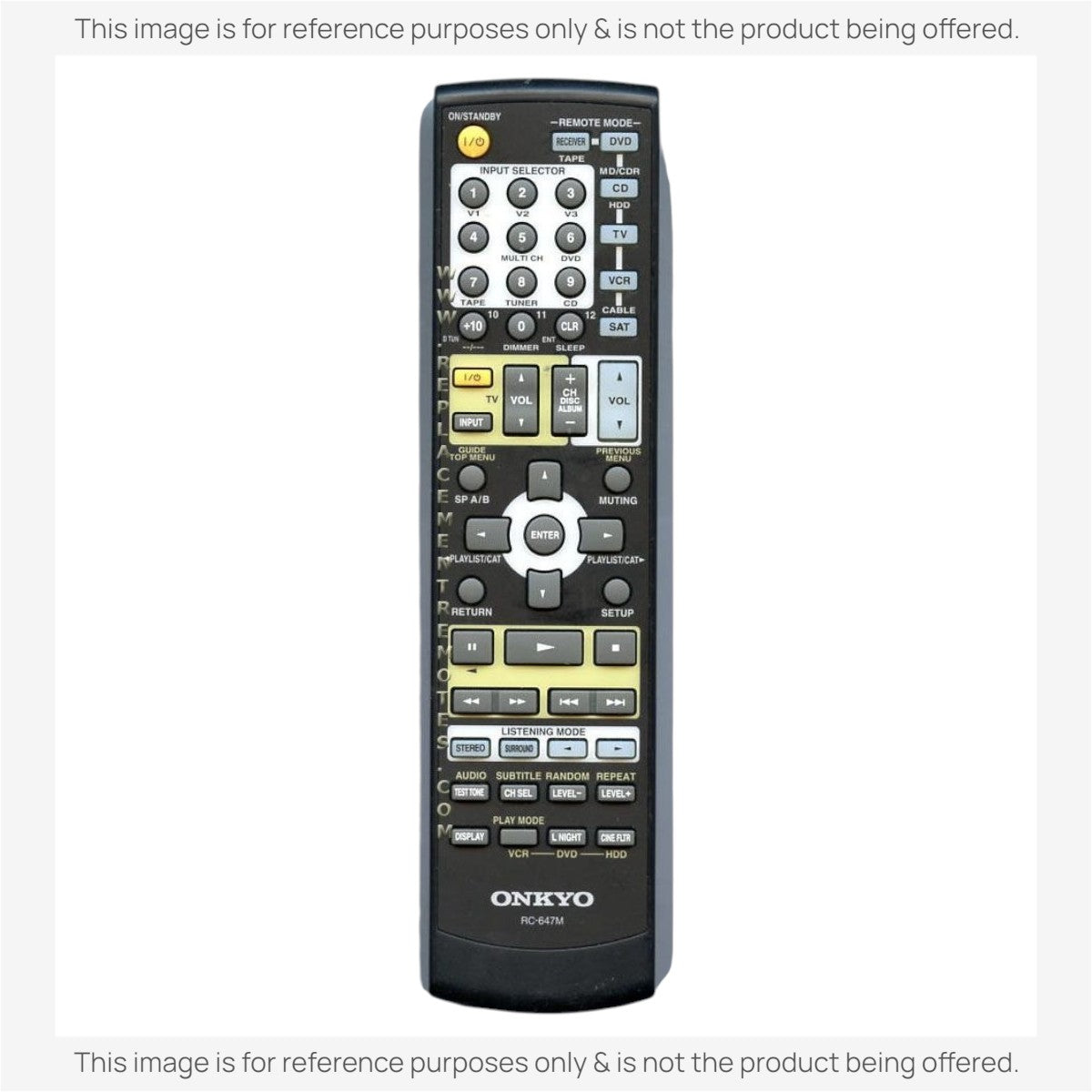Anderic replacement remote control for Onkyo RC647M receivers featuring a black keypad and multi-function buttons.