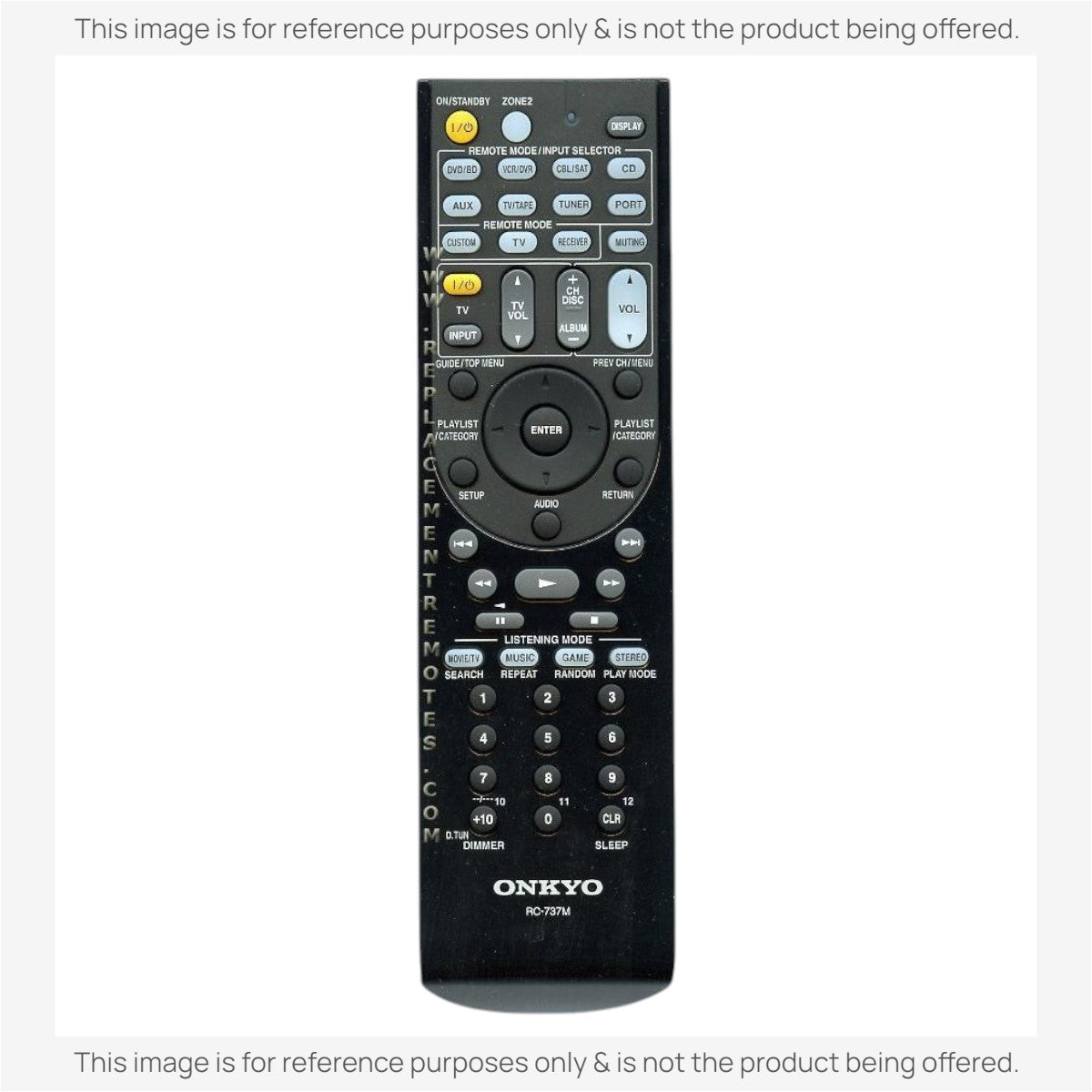 Anderic substitute remote control for Onkyo RC737M and RC865M AV receivers with black keypad and multi-function buttons