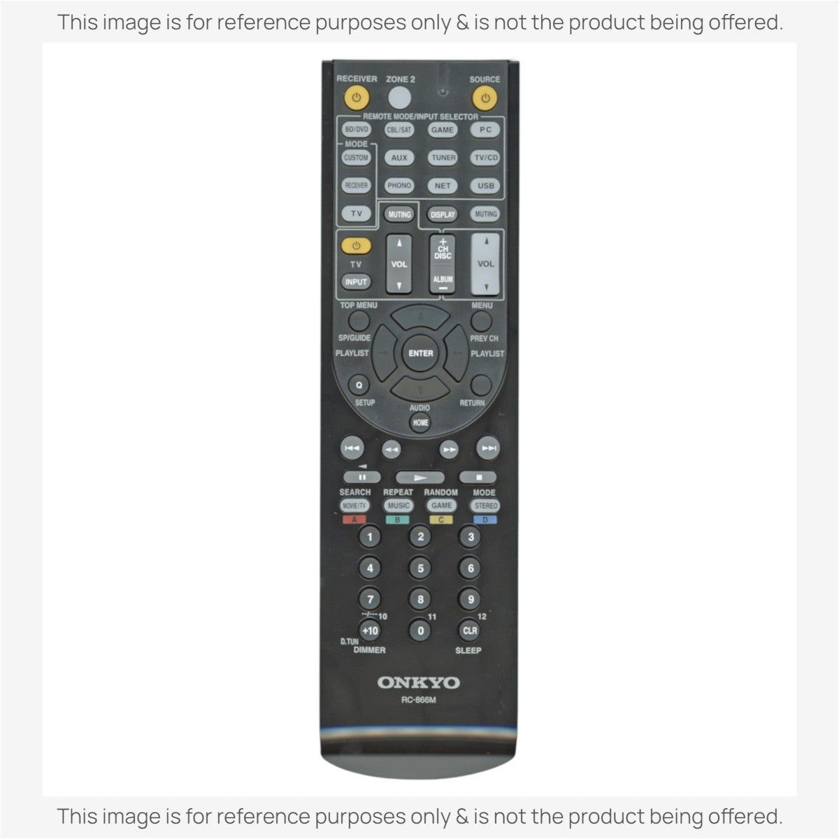 Anderic replacement remote control for Onkyo RC866M receivers, featuring a black keypad with multi-function buttons.