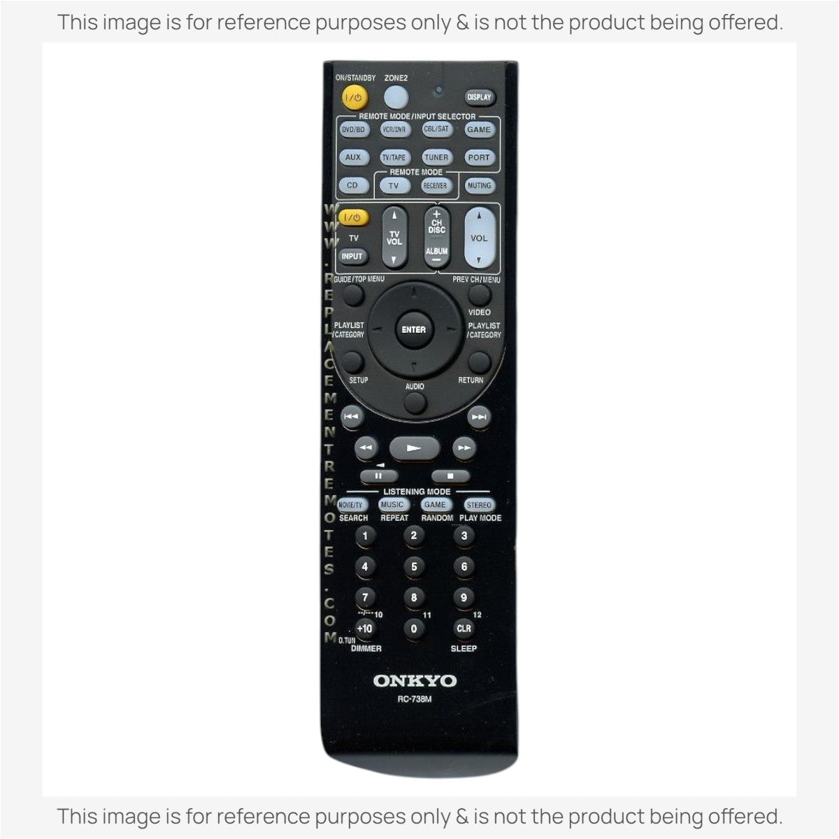 Anderic black universal remote control for Onkyo receivers with dedicated input, volume, and playback buttons.