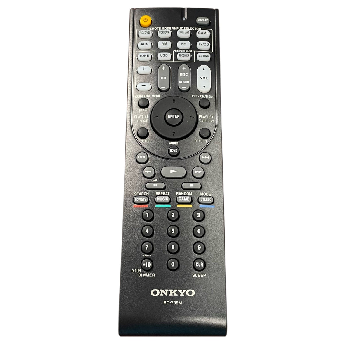 Anderic replacement remote control for Onkyo receivers featuring black casing and clearly labeled function buttons.