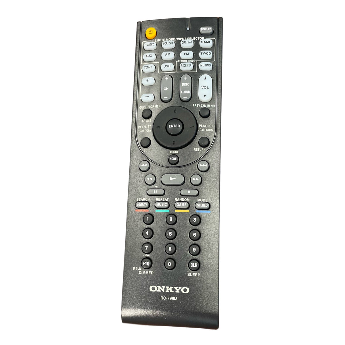 Anderic replacement remote control for Onkyo receivers, featuring black plastic casing and clearly labeled buttons.