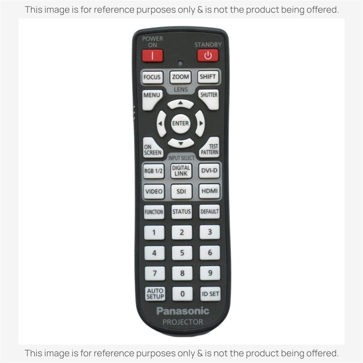 Anderic RR3720 universal replacement remote control for Panasonic projectors with white buttons on a black body.