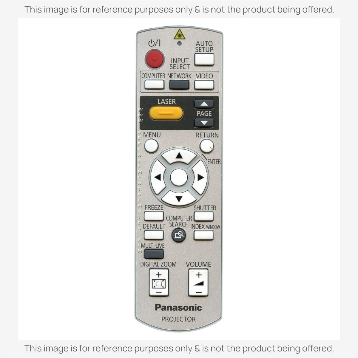 Anderic replacement projector remote for Panasonic models featuring dedicated laser, input, and zoom control buttons.
