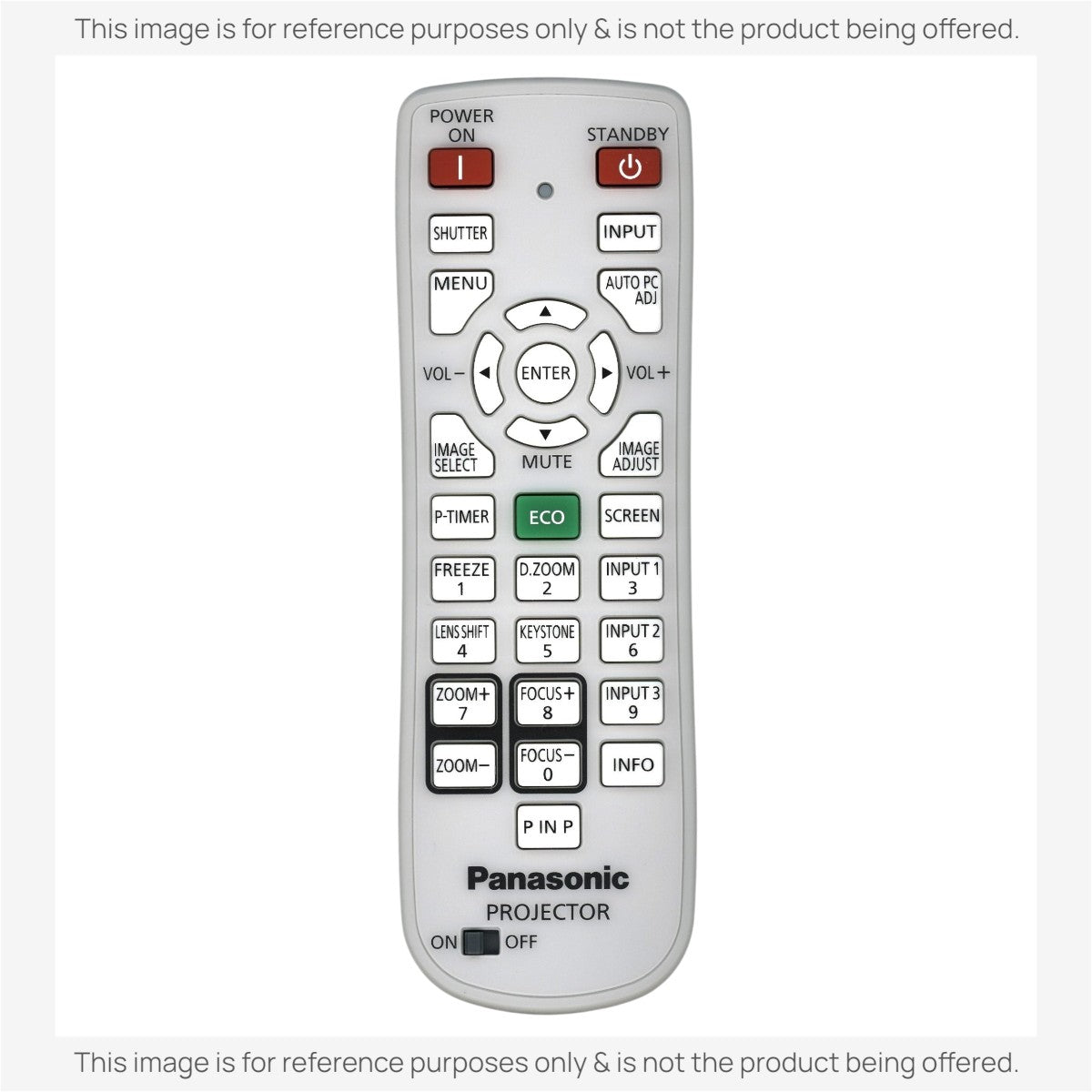 Anderic RR3720 universal replacement remote control for Panasonic projectors with white casing and labeled buttons.